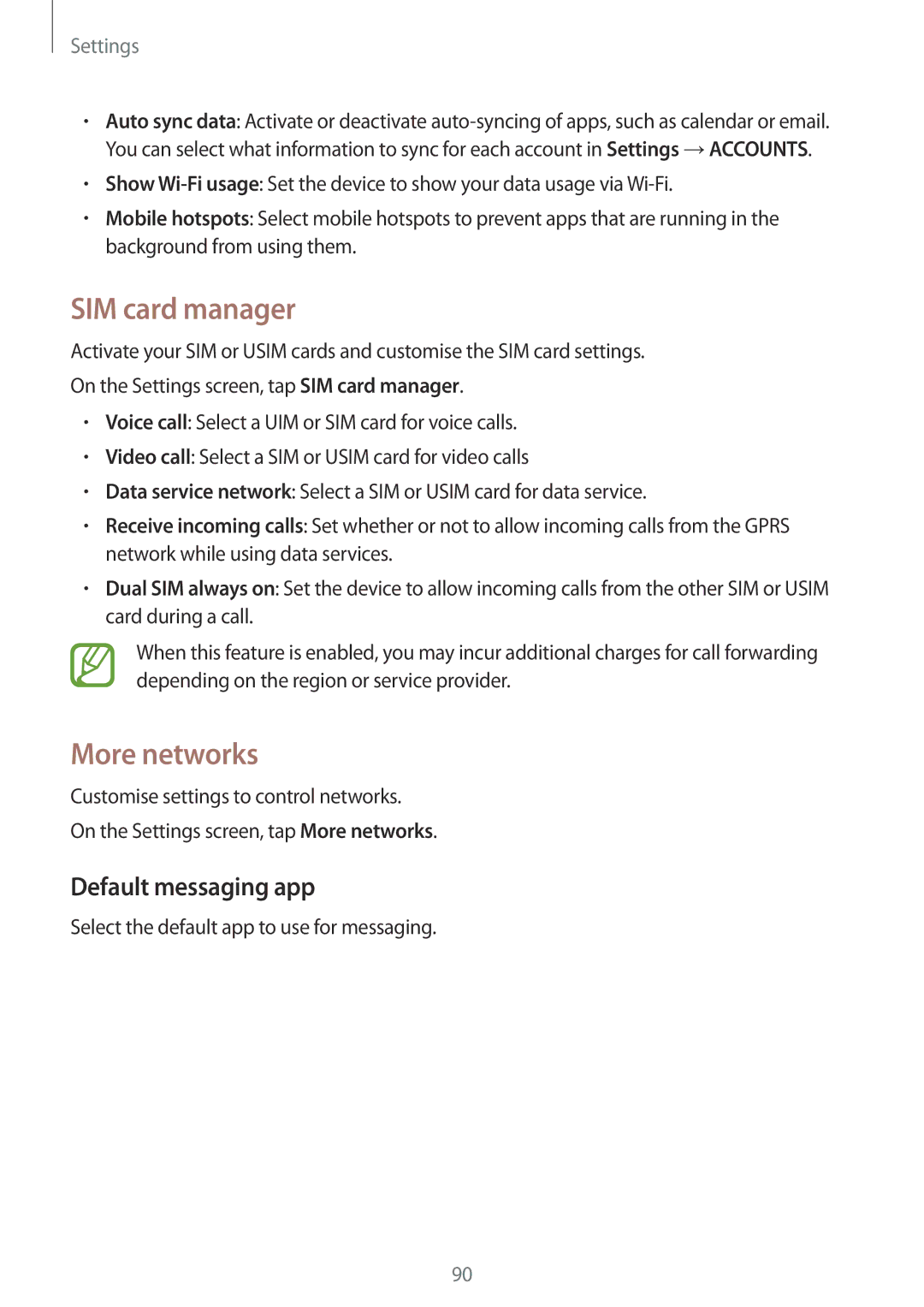 Samsung SM-G313HZKZXXV, SM-G313HRWZXXV manual SIM card manager, More networks, Default messaging app 