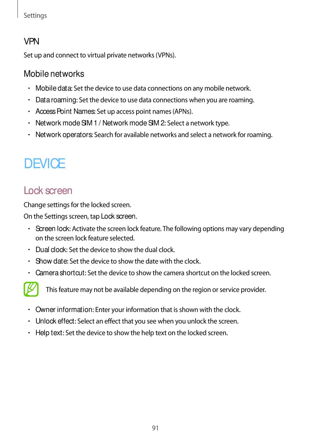 Samsung SM-G313HRWZXXV, SM-G313HZKZXXV manual Lock screen, Mobile networks 