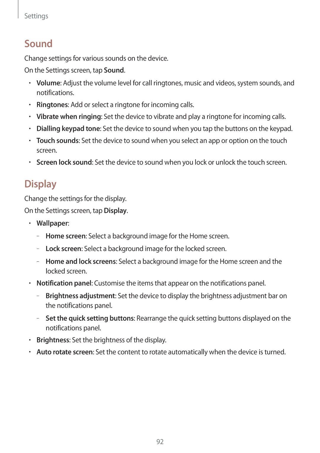 Samsung SM-G313HZKZXXV, SM-G313HRWZXXV manual Sound, Display, Wallpaper 