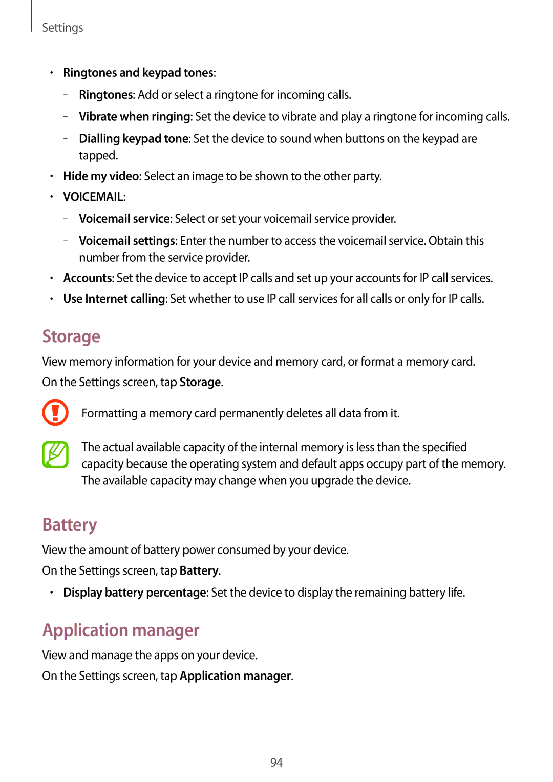 Samsung SM-G313HZKZXXV, SM-G313HRWZXXV manual Storage, Battery, Application manager, Ringtones and keypad tones 