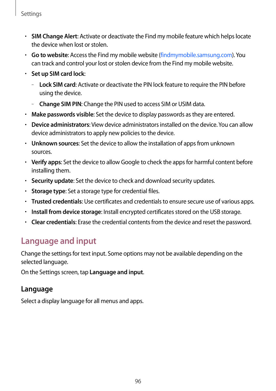 Samsung SM-G313HZKZXXV, SM-G313HRWZXXV manual Language and input, Set up SIM card lock 