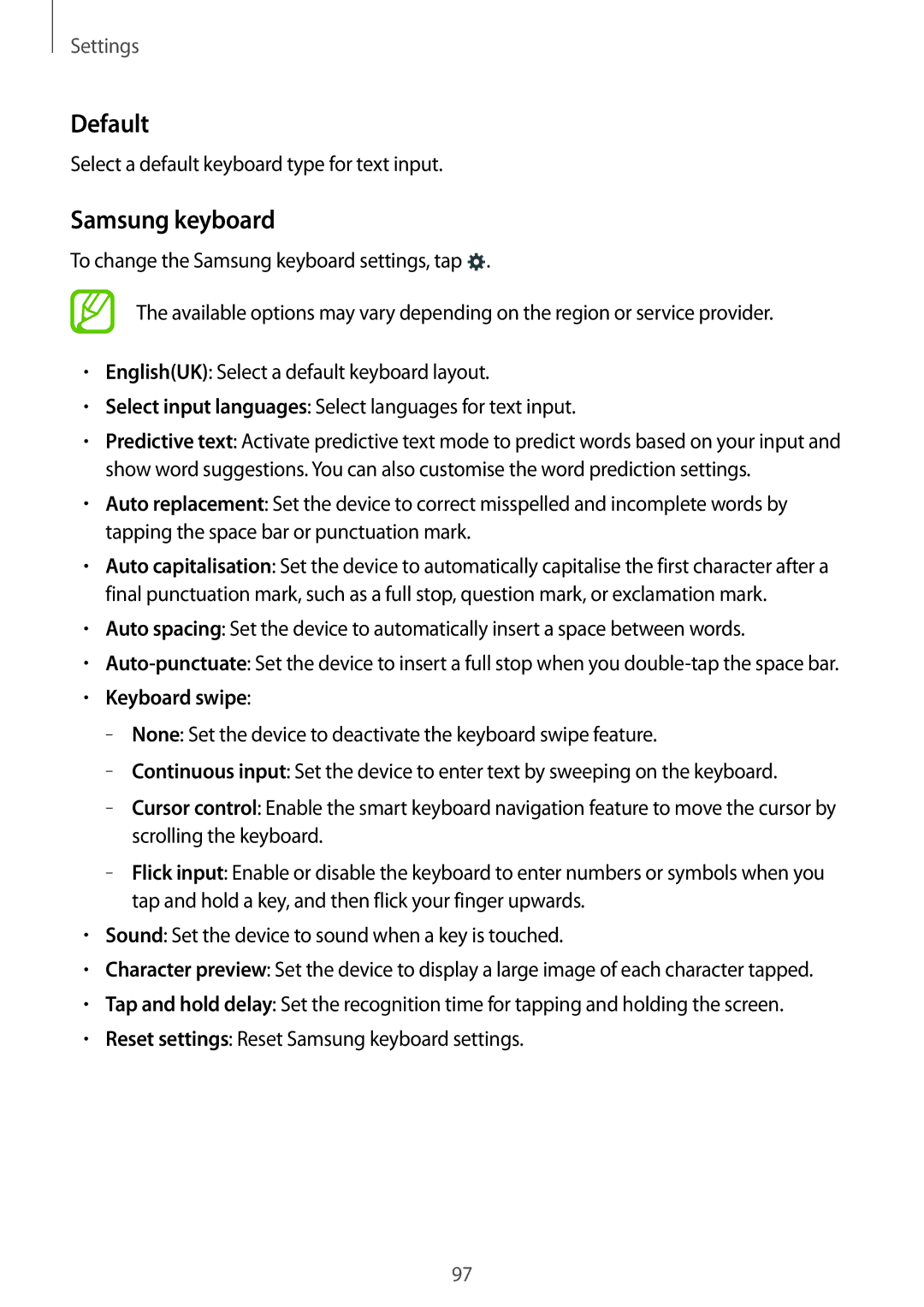 Samsung SM-G313HRWZXXV, SM-G313HZKZXXV manual Default, Samsung keyboard, Keyboard swipe 