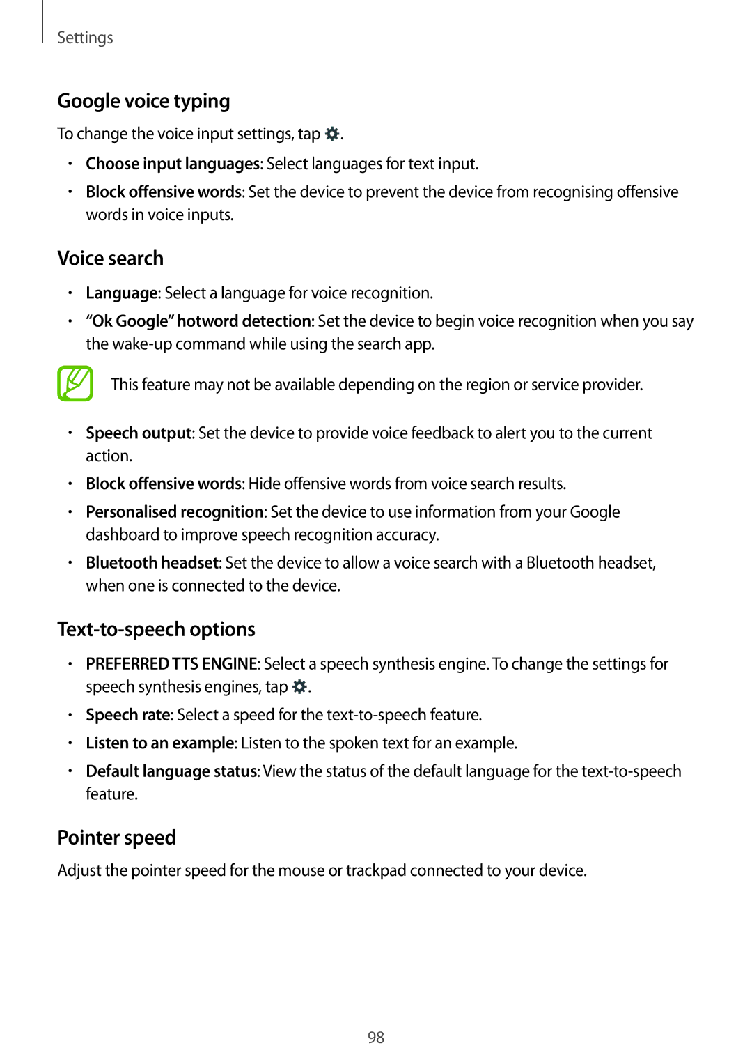 Samsung SM-G313HZKZXXV, SM-G313HRWZXXV manual Google voice typing, Text-to-speech options, Pointer speed 