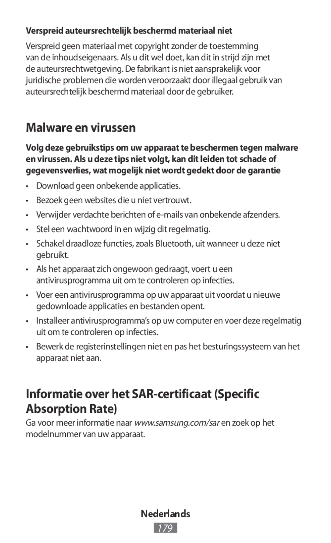 Samsung SM-G316HHAHKSA, SM-G313FHAAKSA manual Malware en virussen, Verspreid auteursrechtelijk beschermd materiaal niet 