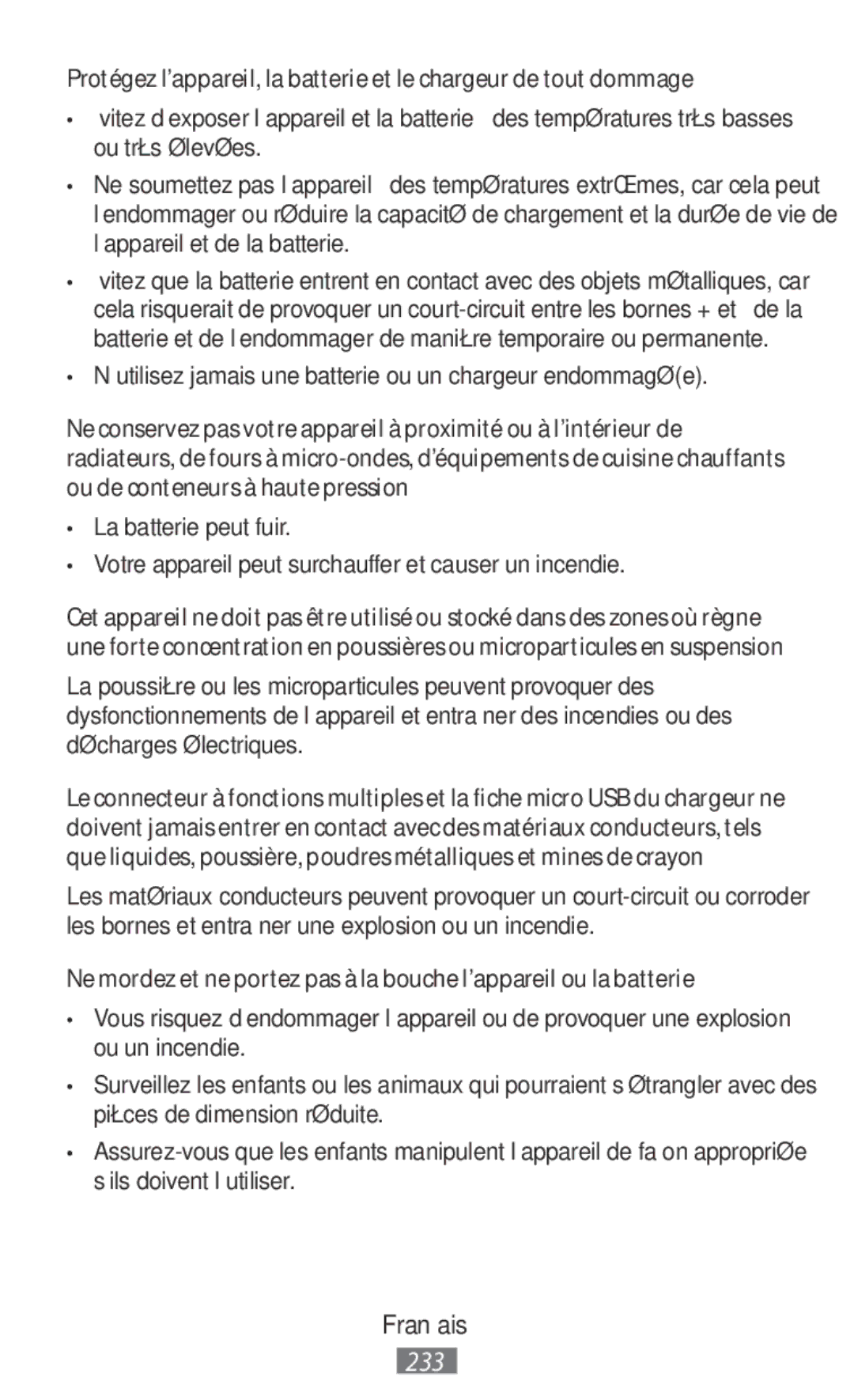 Samsung SM-G313FRWACEL, SM-G316HHAHKSA, SM-G313FHAAKSA manual ’utilisez jamais une batterie ou un chargeur endommagée 