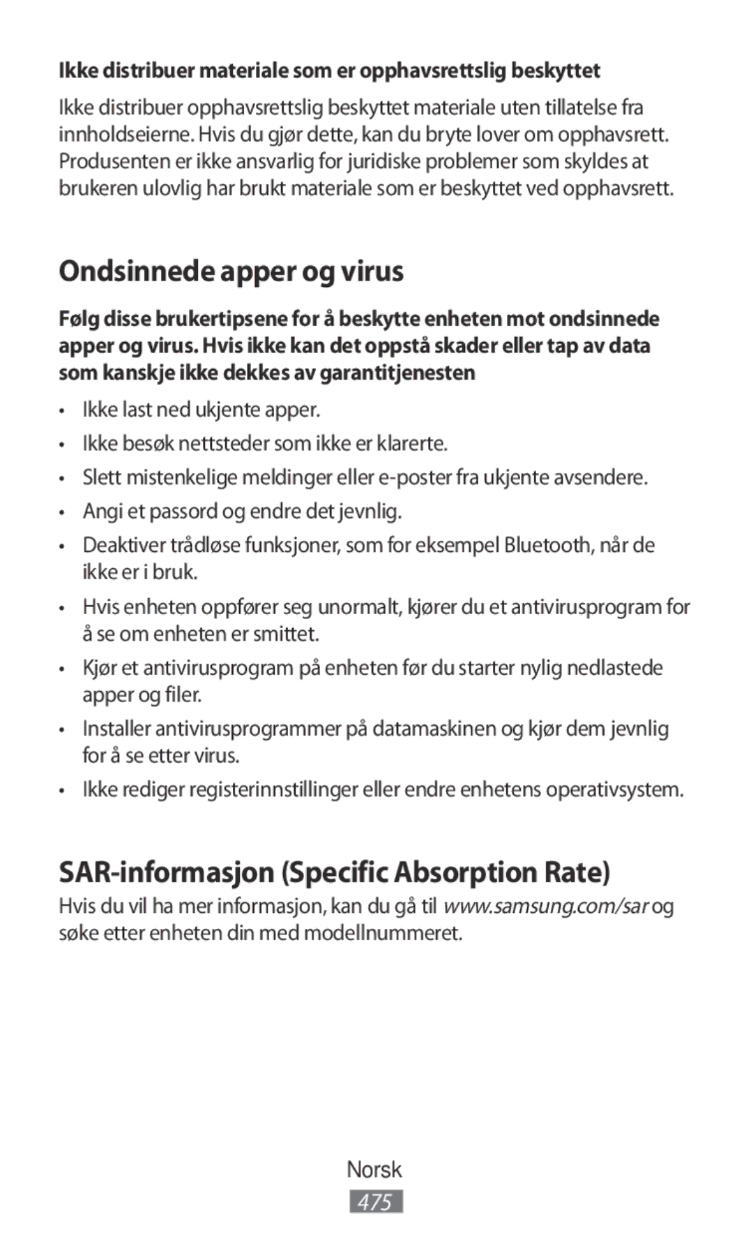 Samsung SM-G313FHAAILO, SM-G316HHAHKSA, SM-G313FHAAKSA Ondsinnede apper og virus, SAR-informasjon Specific Absorption Rate 