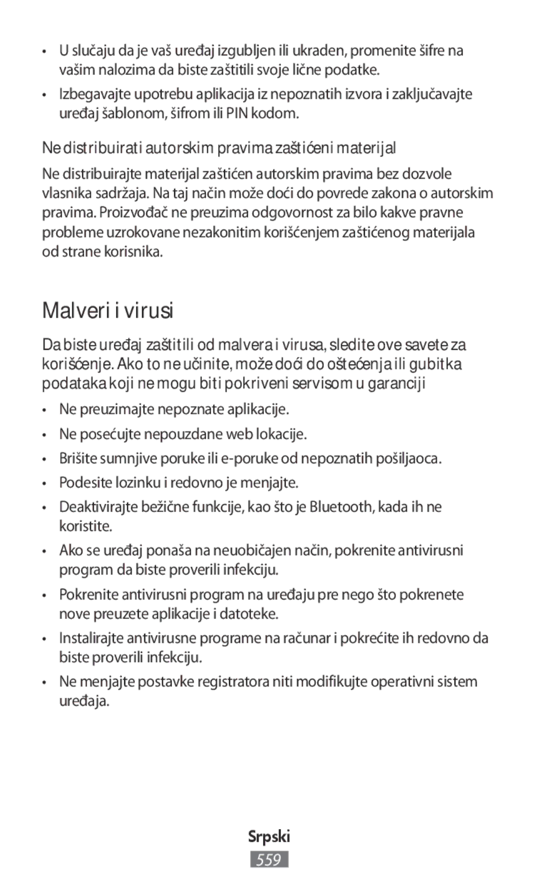 Samsung SM-G313FHAAXSG, SM-G316HHAHKSA manual Malveri i virusi, Ne distribuirati autorskim pravima zaštićeni materijal 