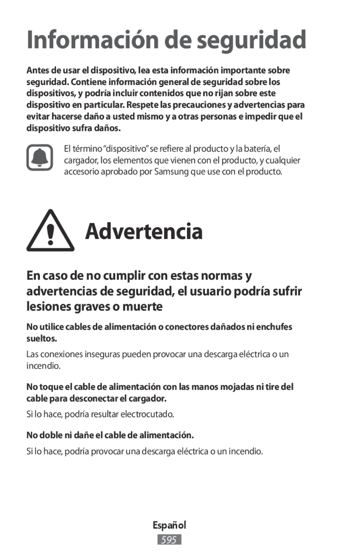 Samsung SM-G313FHAAILO Advertencia, Si lo hace, podría resultar electrocutado, No doble ni dañe el cable de alimentación 