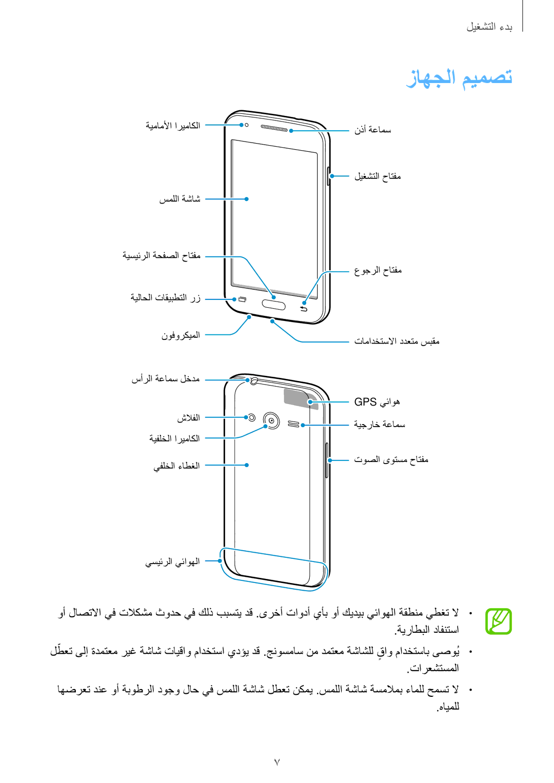 Samsung SM-G316HRWHKSA, SM-G316HHAHKSA manual زاهجلا ميمصت, ةيراطبلا دافنتسا, تارعشتسملا, هايملل 