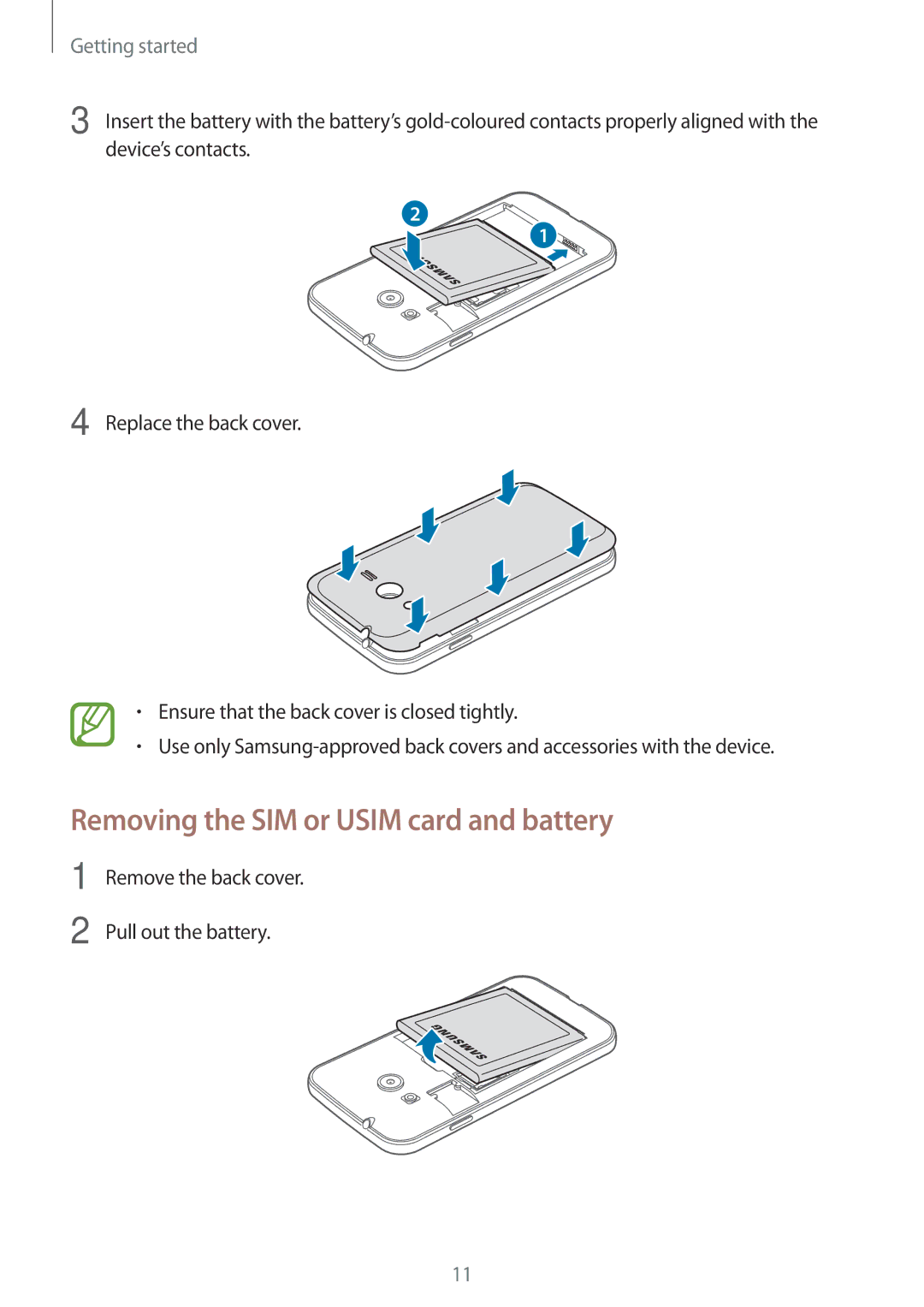 Samsung SM-G316HRWHKSA, SM-G316HHAHKSA manual Removing the SIM or Usim card and battery 