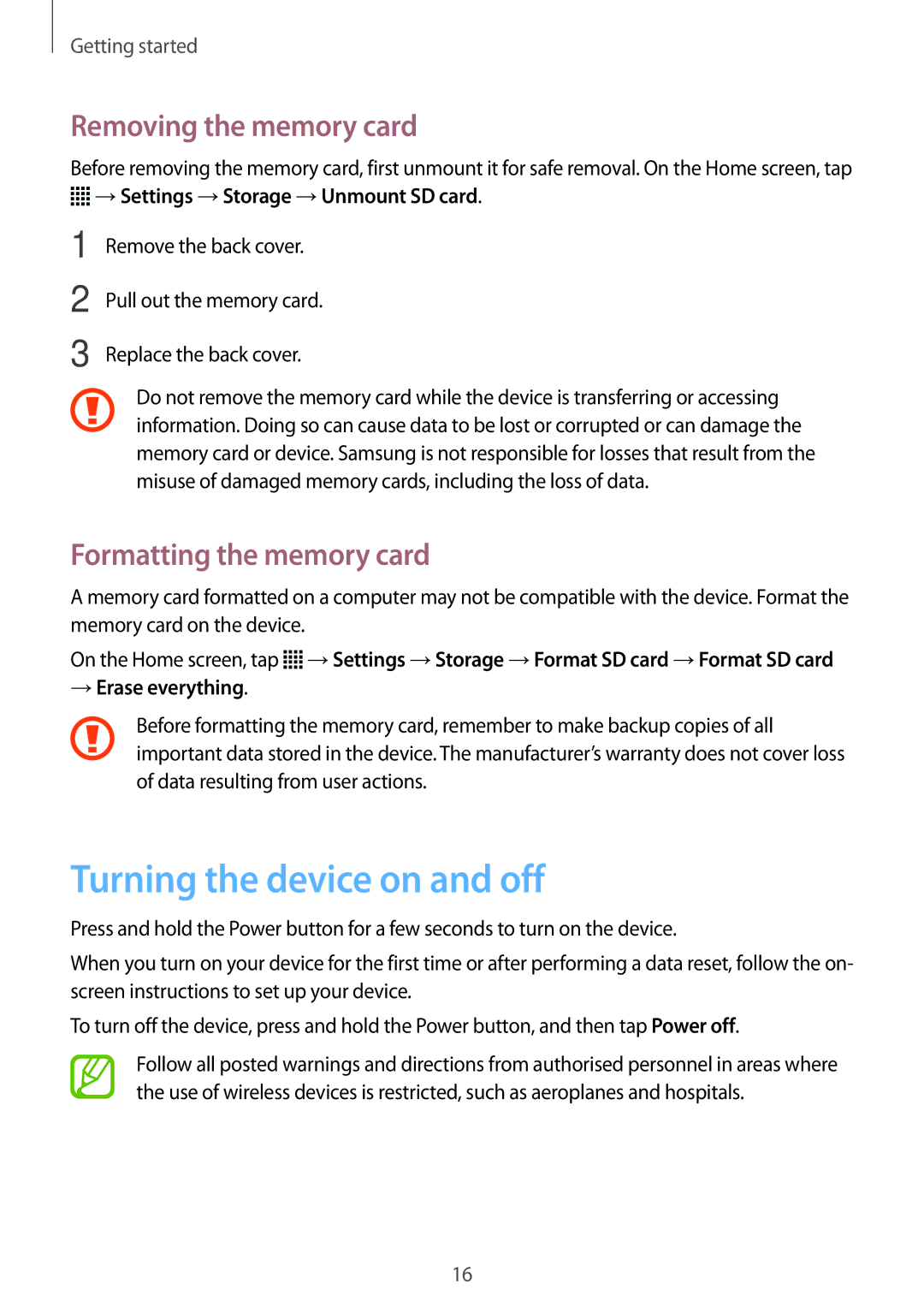 Samsung SM-G316HHAHKSA, SM-G316HRWHKSA Turning the device on and off, Removing the memory card, Formatting the memory card 