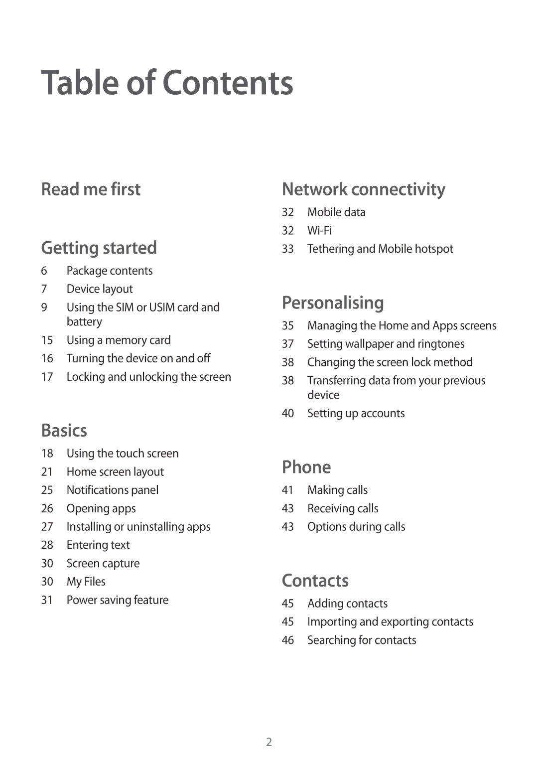 Samsung SM-G316HHAHKSA, SM-G316HRWHKSA manual Table of Contents 