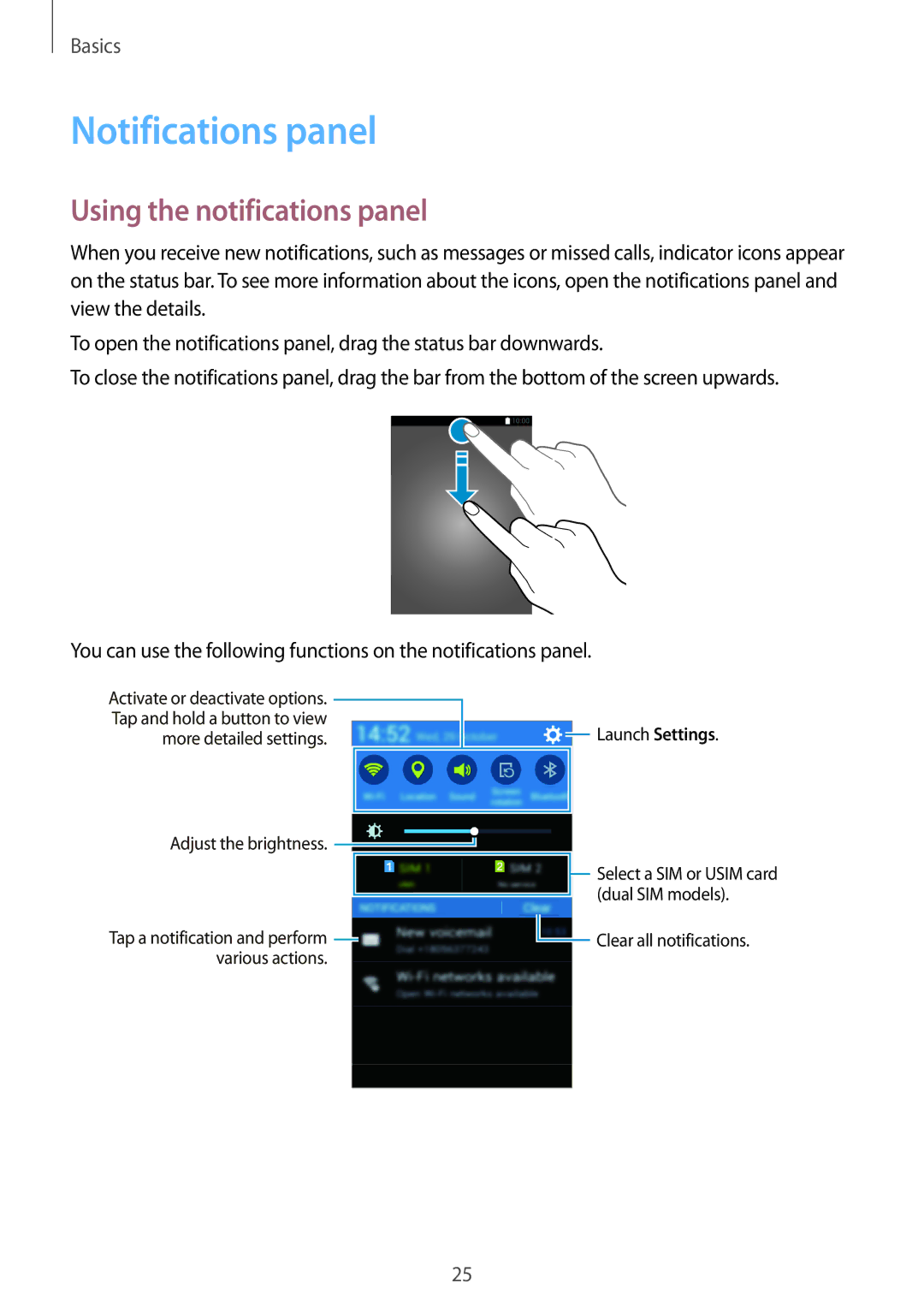 Samsung SM-G316HRWHKSA, SM-G316HHAHKSA manual Notifications panel, Using the notifications panel 