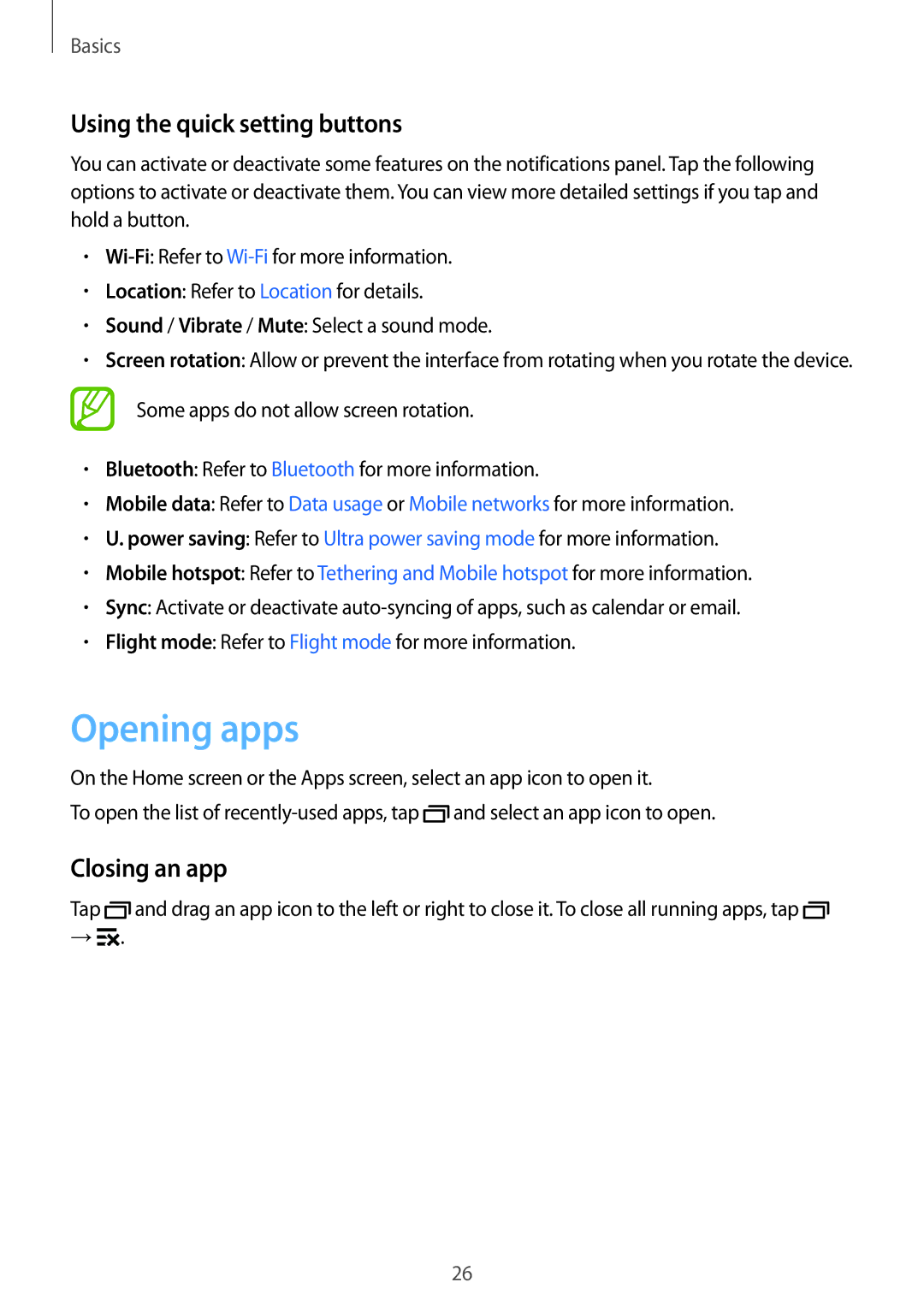 Samsung SM-G316HHAHKSA, SM-G316HRWHKSA manual Opening apps, Using the quick setting buttons, Closing an app 