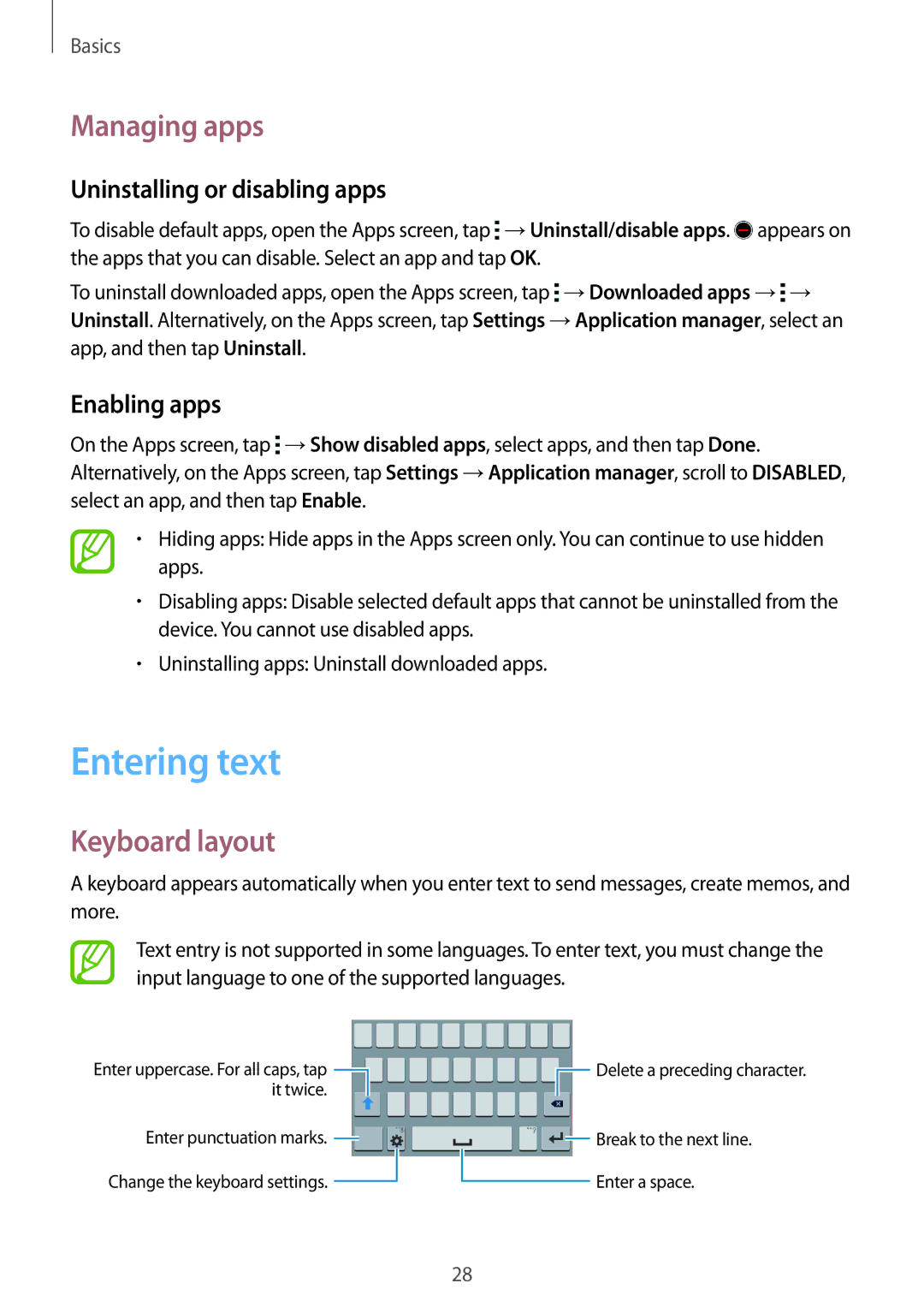 Samsung SM-G316HHAHKSA manual Entering text, Managing apps, Keyboard layout, Uninstalling or disabling apps, Enabling apps 