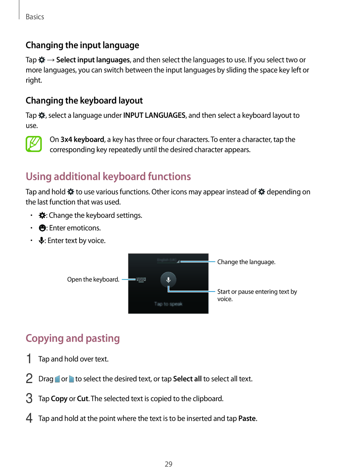 Samsung SM-G316HRWHKSA manual Using additional keyboard functions, Copying and pasting, Changing the input language 