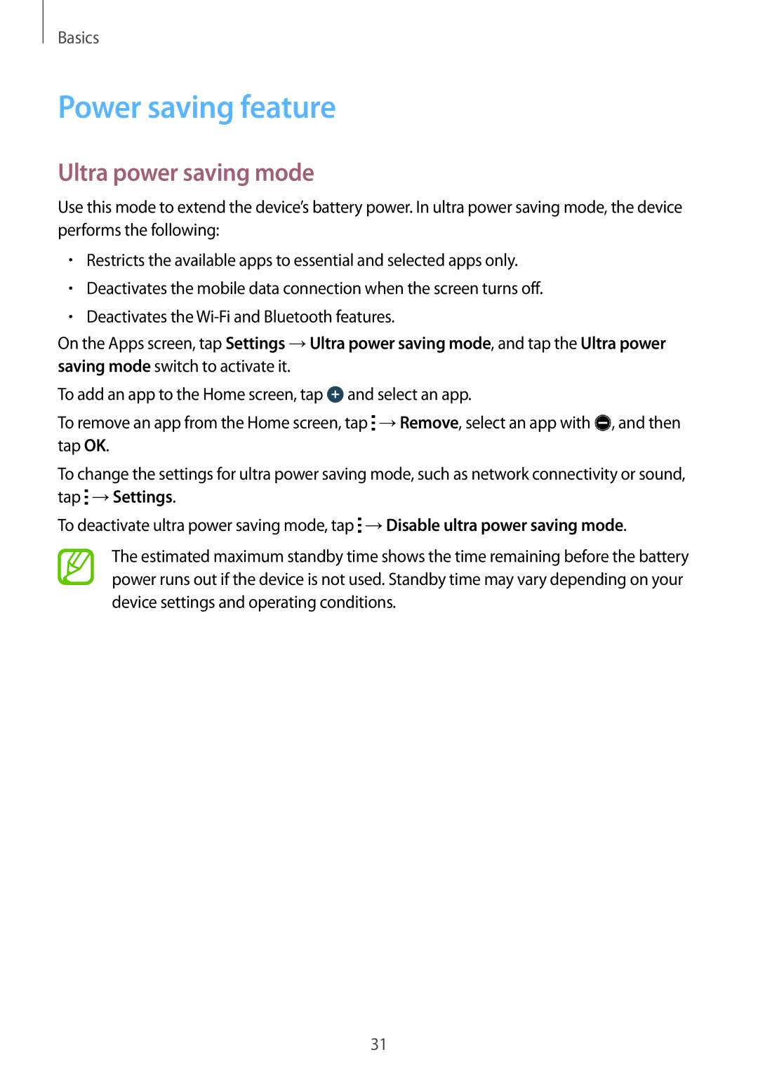 Samsung SM-G316HRWHKSA, SM-G316HHAHKSA manual Power saving feature, Ultra power saving mode 