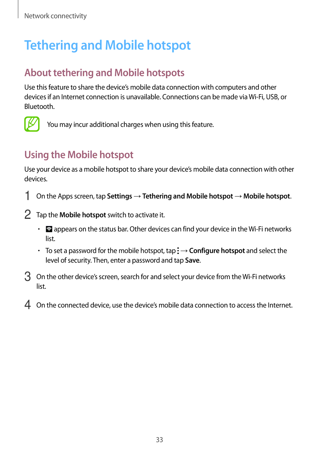 Samsung SM-G316HRWHKSA manual Tethering and Mobile hotspot, About tethering and Mobile hotspots, Using the Mobile hotspot 