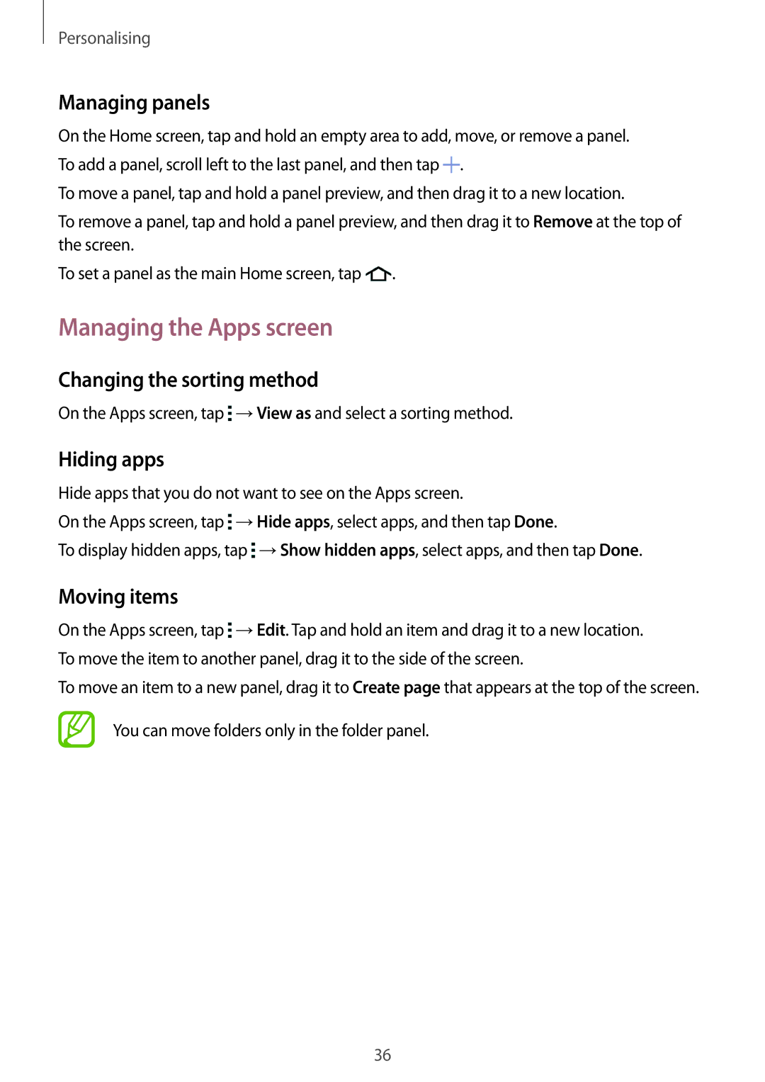 Samsung SM-G316HHAHKSA Managing the Apps screen, Managing panels, Changing the sorting method, Hiding apps, Moving items 