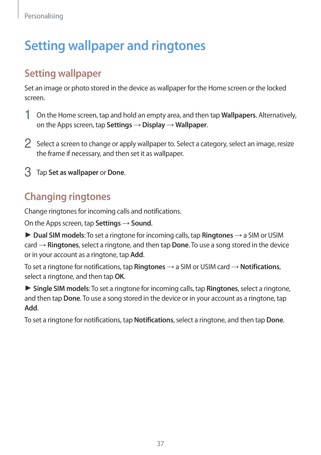 Samsung SM-G316HRWHKSA, SM-G316HHAHKSA Setting wallpaper and ringtones, Changing ringtones, Tap Set as wallpaper or Done 