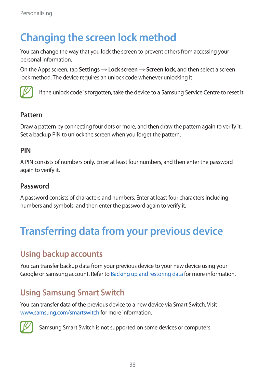 Samsung SM-G316HHAHKSA Changing the screen lock method, Transferring data from your previous device, Using backup accounts 