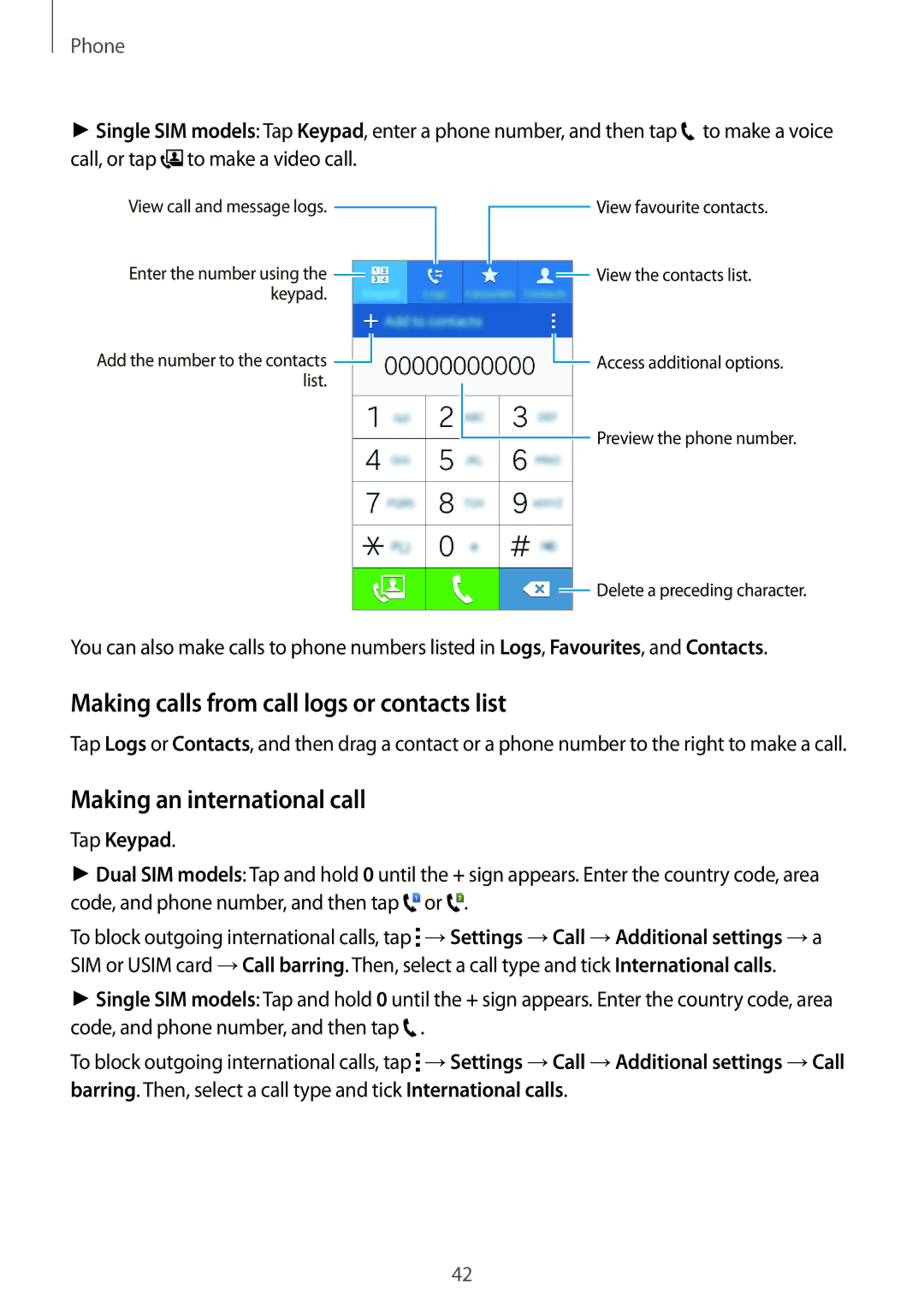 Samsung SM-G316HHAHKSA manual Making calls from call logs or contacts list, Making an international call, Tap Keypad 