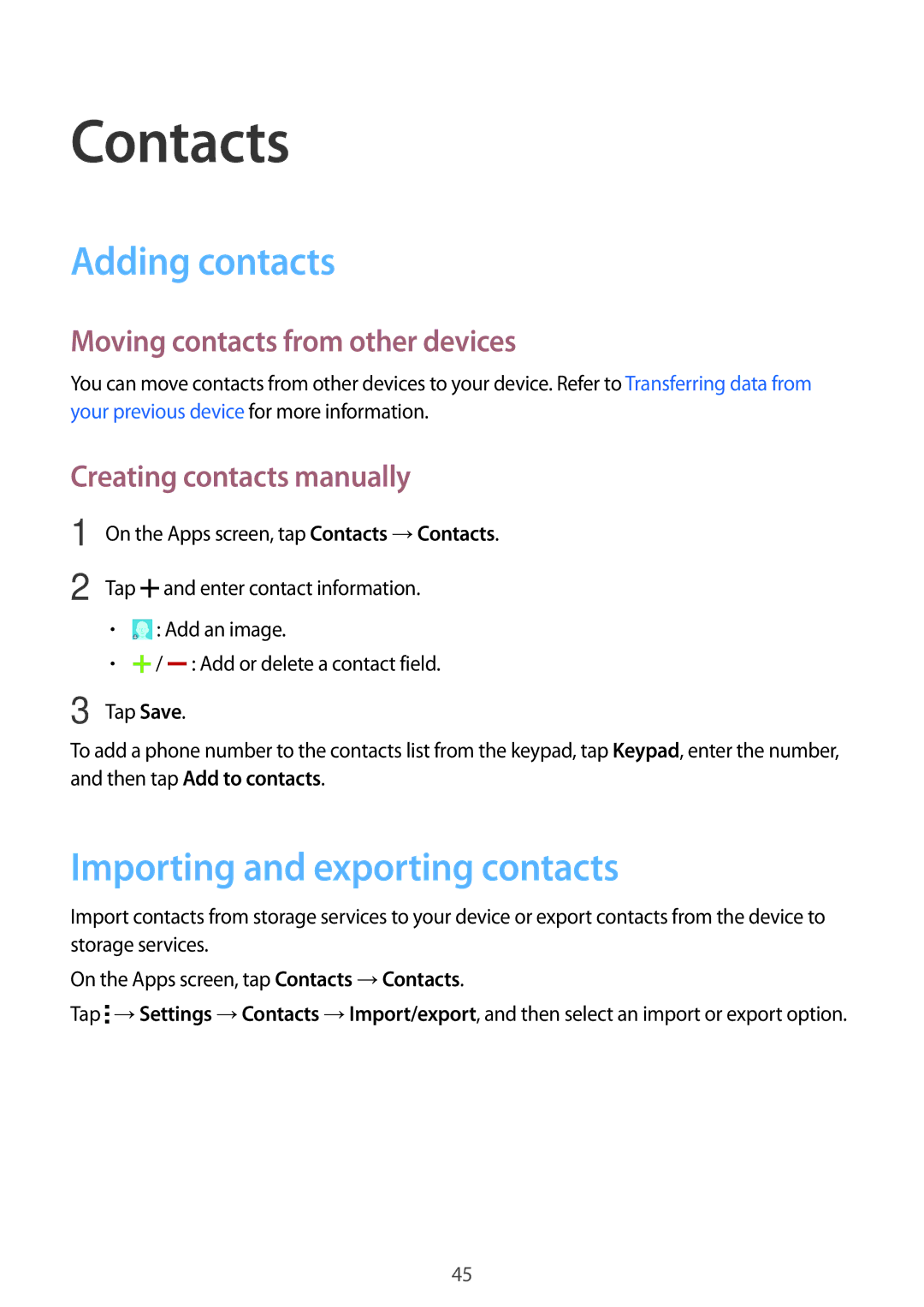 Samsung SM-G316HRWHKSA Contacts, Adding contacts, Importing and exporting contacts, Moving contacts from other devices 