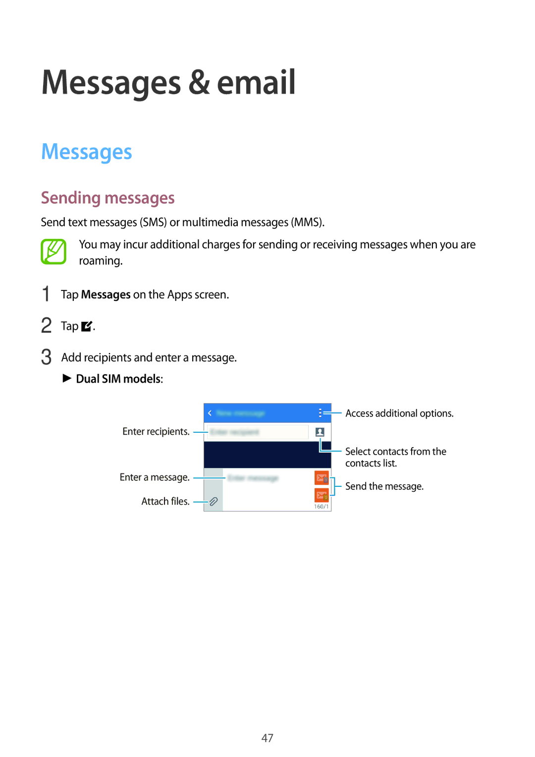 Samsung SM-G316HRWHKSA, SM-G316HHAHKSA manual Messages & email, Sending messages, Dual SIM models 