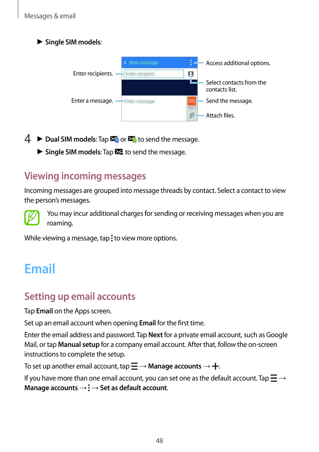 Samsung SM-G316HHAHKSA, SM-G316HRWHKSA manual Viewing incoming messages, Setting up email accounts, Single SIM models 