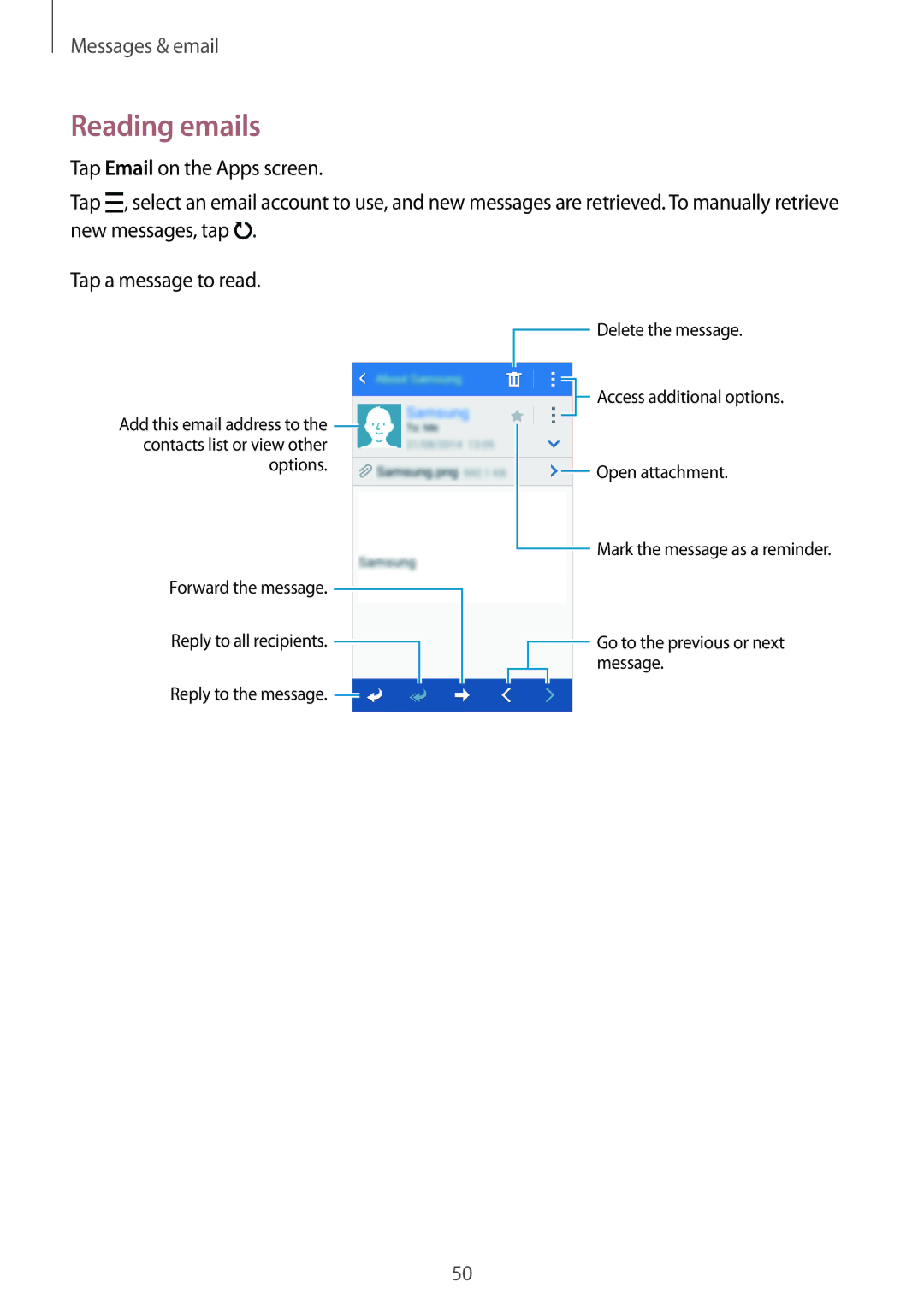 Samsung SM-G316HHAHKSA, SM-G316HRWHKSA manual Reading emails 