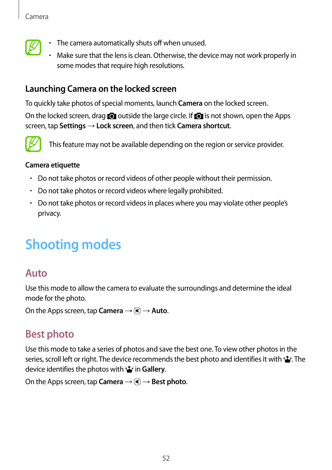 Samsung SM-G316HHAHKSA manual Shooting modes, Auto, Best photo, Launching Camera on the locked screen, Camera etiquette 