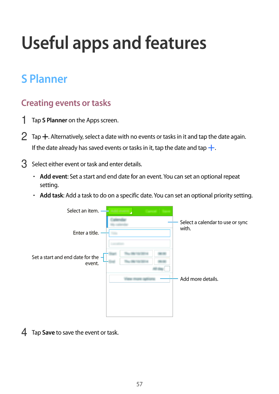 Samsung SM-G316HRWHKSA, SM-G316HHAHKSA manual Useful apps and features, Planner, Creating events or tasks 