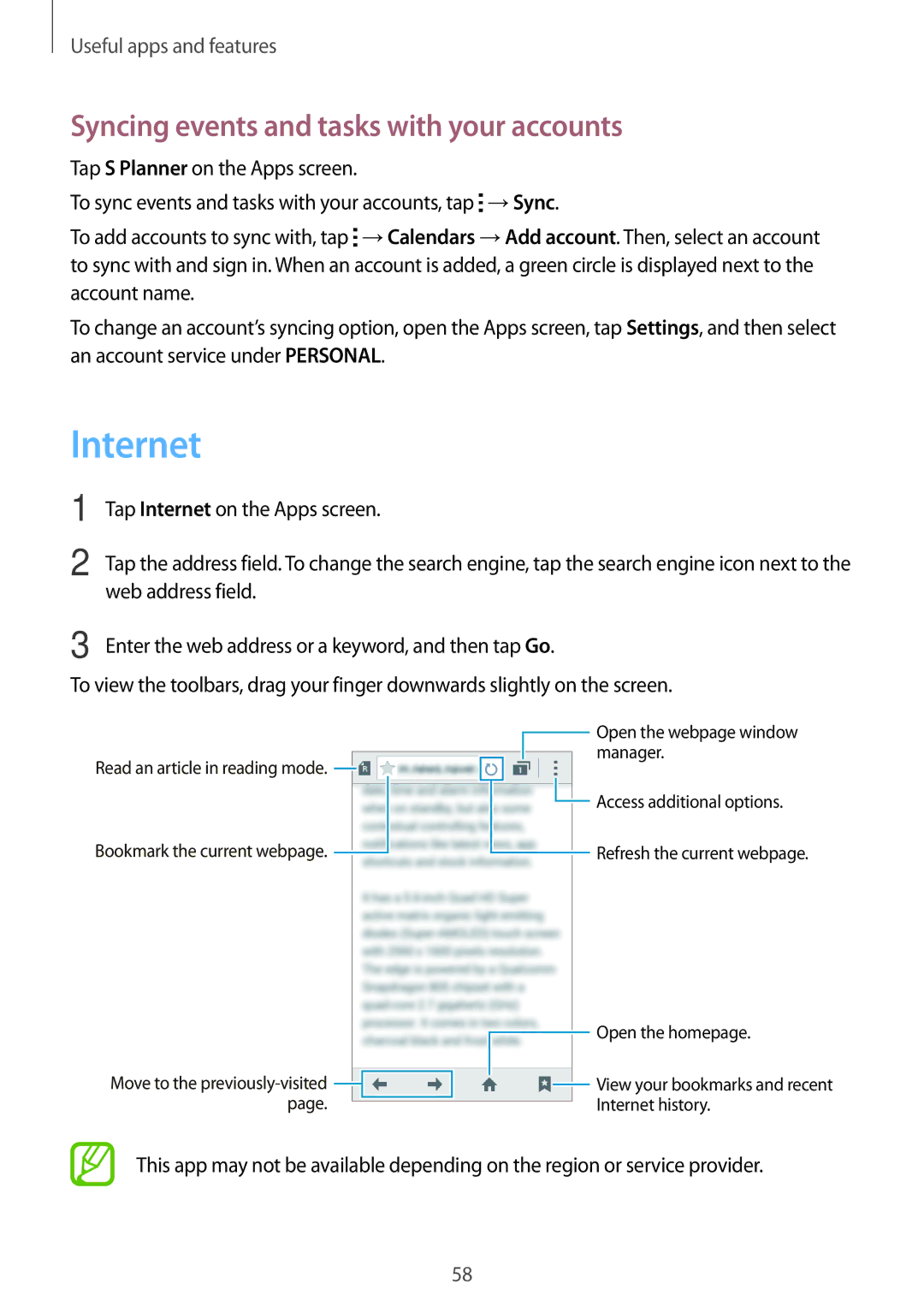 Samsung SM-G316HHAHKSA, SM-G316HRWHKSA manual Internet, Syncing events and tasks with your accounts 