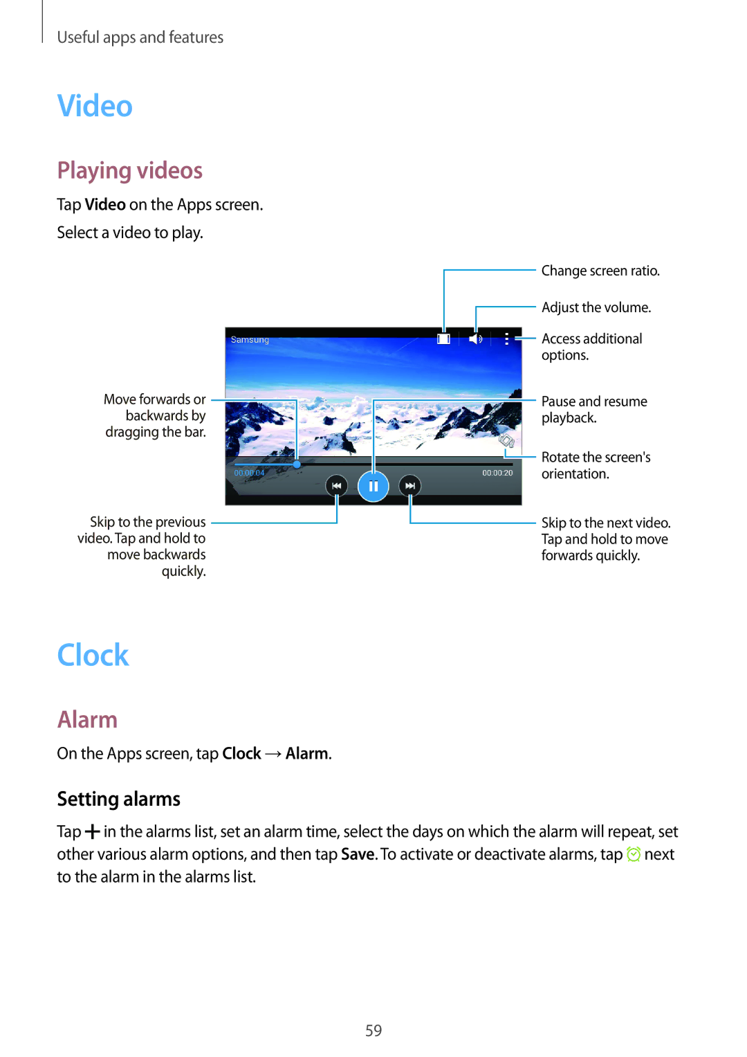 Samsung SM-G316HRWHKSA, SM-G316HHAHKSA manual Video, Clock, Playing videos, Alarm, Setting alarms 