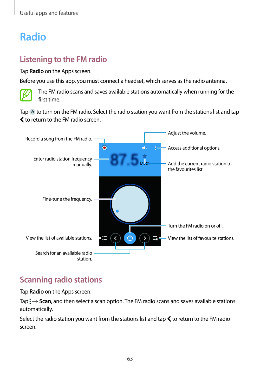 Samsung SM-G316HRWHKSA, SM-G316HHAHKSA manual Radio, Listening to the FM radio, Scanning radio stations 