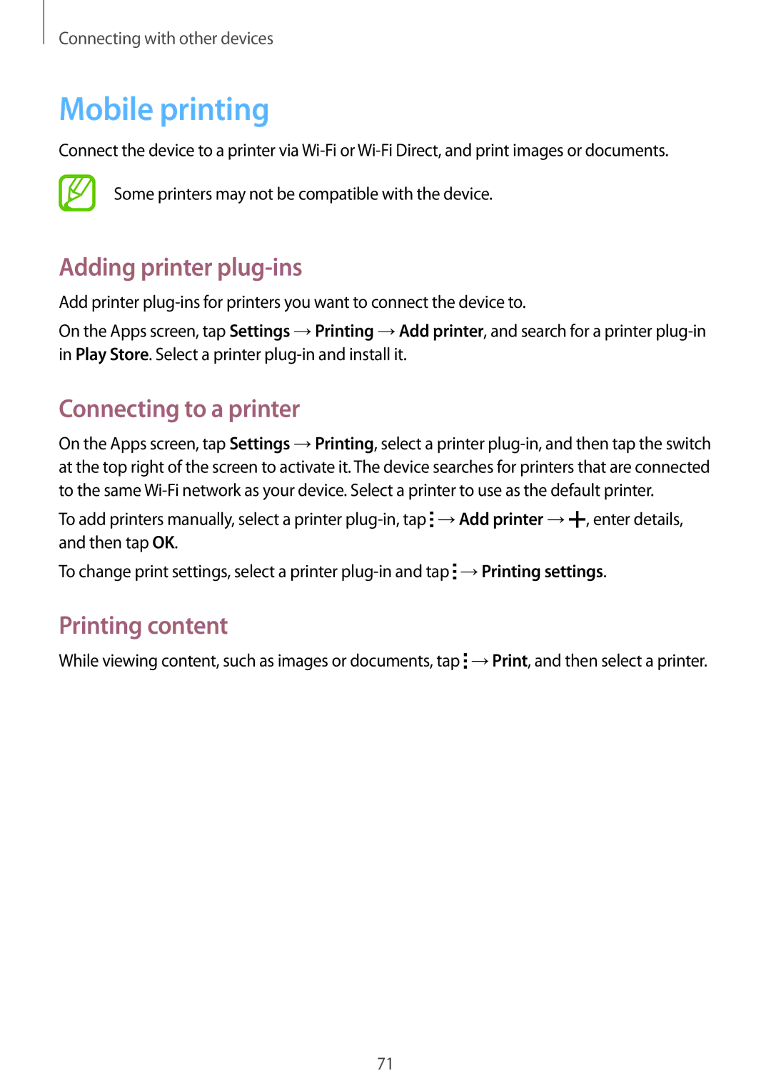 Samsung SM-G316HRWHKSA, SM-G316HHAHKSA Mobile printing, Adding printer plug-ins, Connecting to a printer, Printing content 