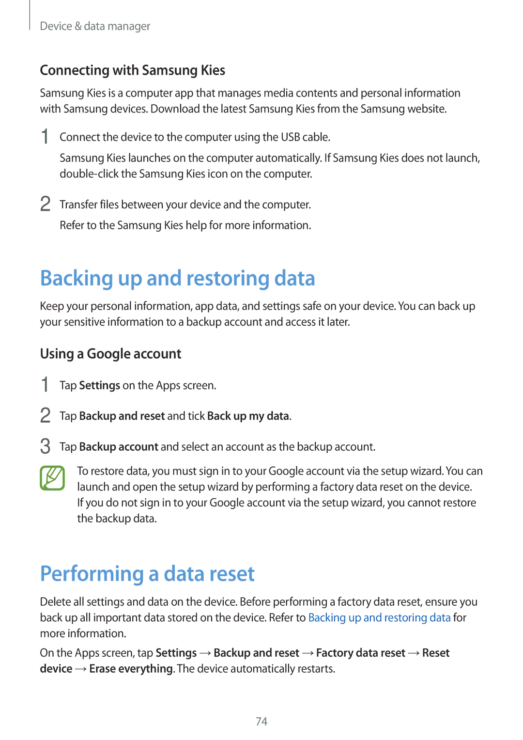 Samsung SM-G316HHAHKSA manual Backing up and restoring data, Performing a data reset, Connecting with Samsung Kies 