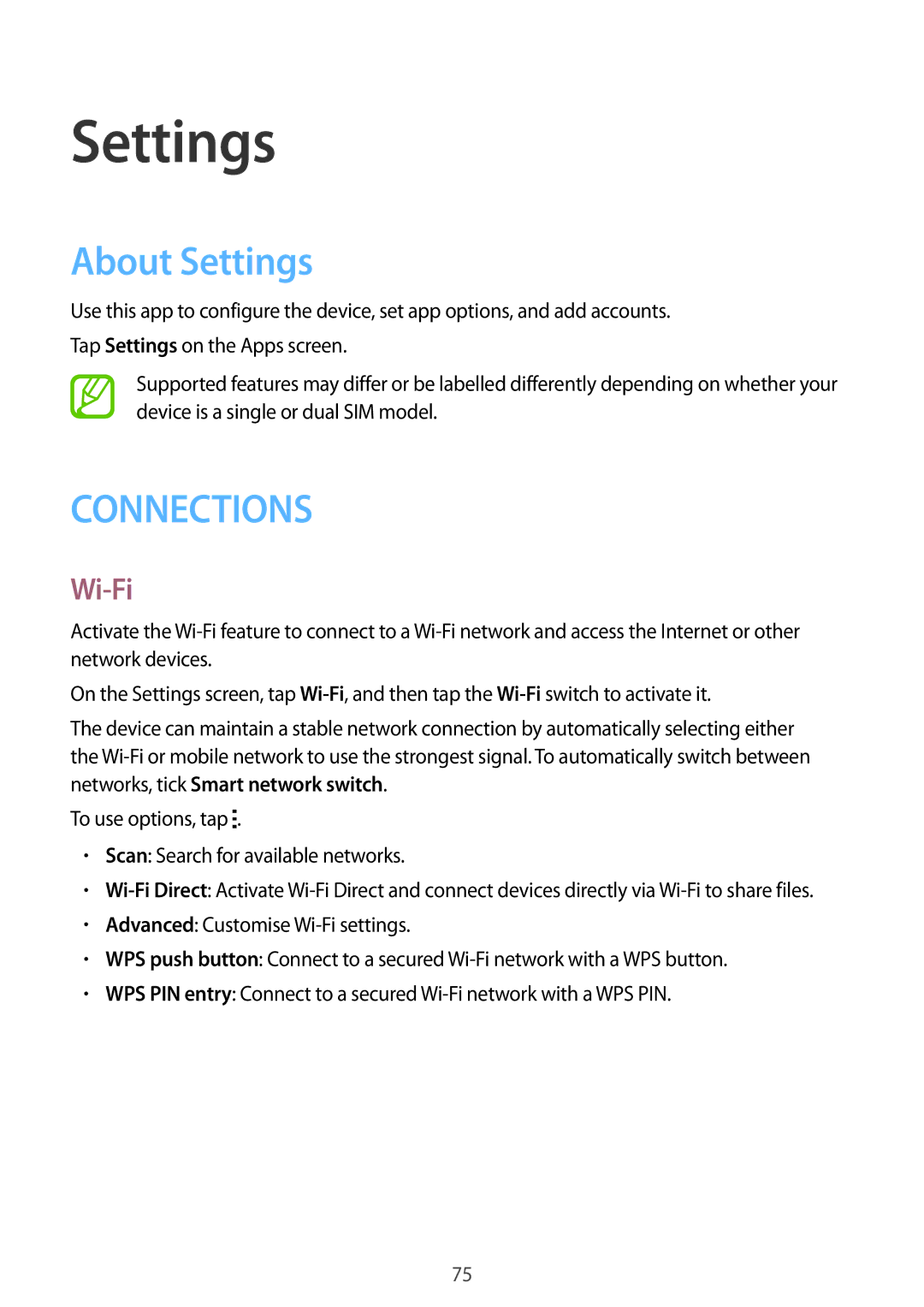 Samsung SM-G316HRWHKSA, SM-G316HHAHKSA manual About Settings, Wi-Fi 