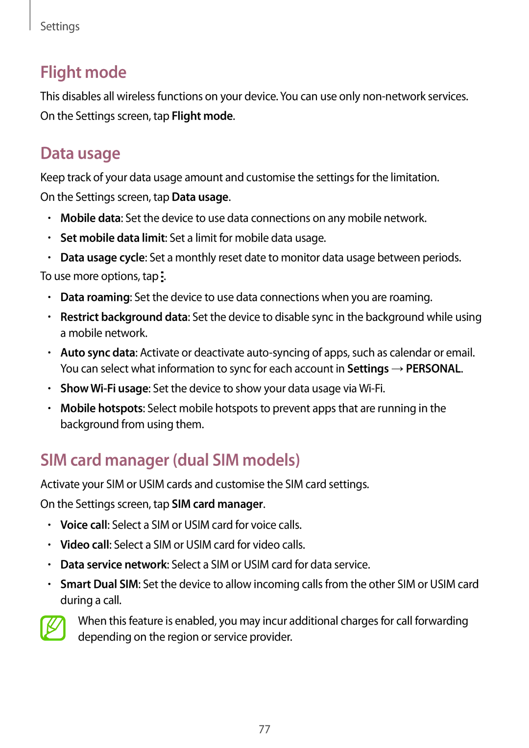 Samsung SM-G316HRWHKSA, SM-G316HHAHKSA manual Flight mode, Data usage, SIM card manager dual SIM models 