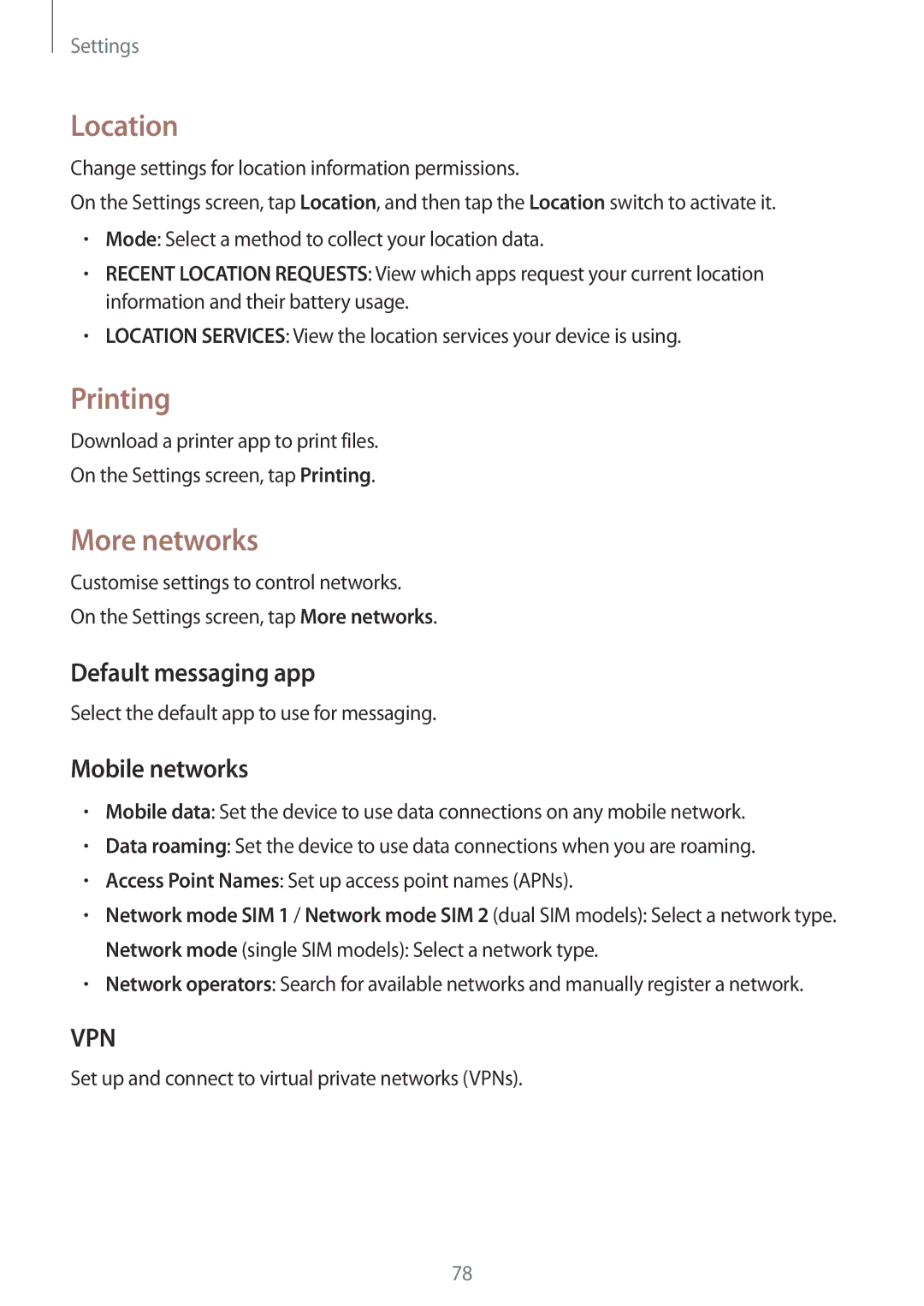 Samsung SM-G316HHAHKSA, SM-G316HRWHKSA manual Location, Printing, More networks, Default messaging app, Mobile networks 