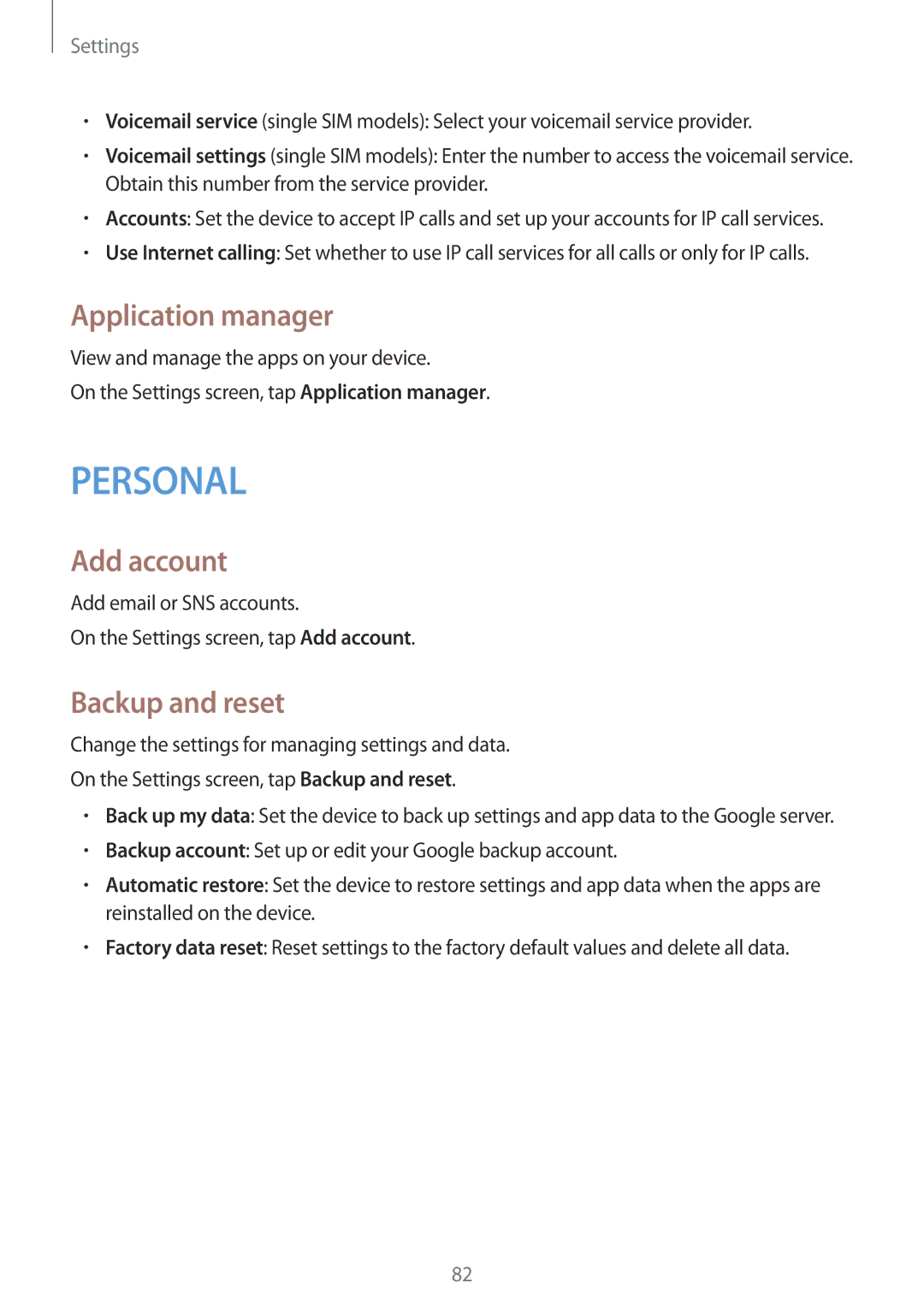 Samsung SM-G316HHAHKSA, SM-G316HRWHKSA manual Application manager, Add account, Backup and reset 