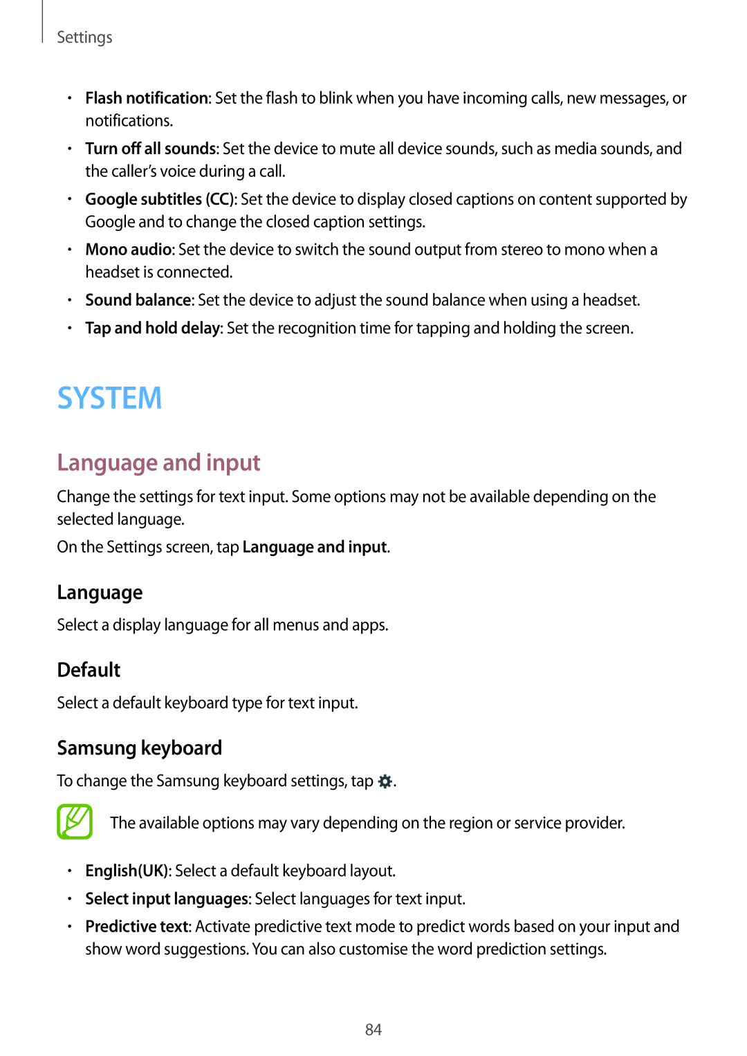 Samsung SM-G316HHAHKSA, SM-G316HRWHKSA manual Language and input, Default, Samsung keyboard 