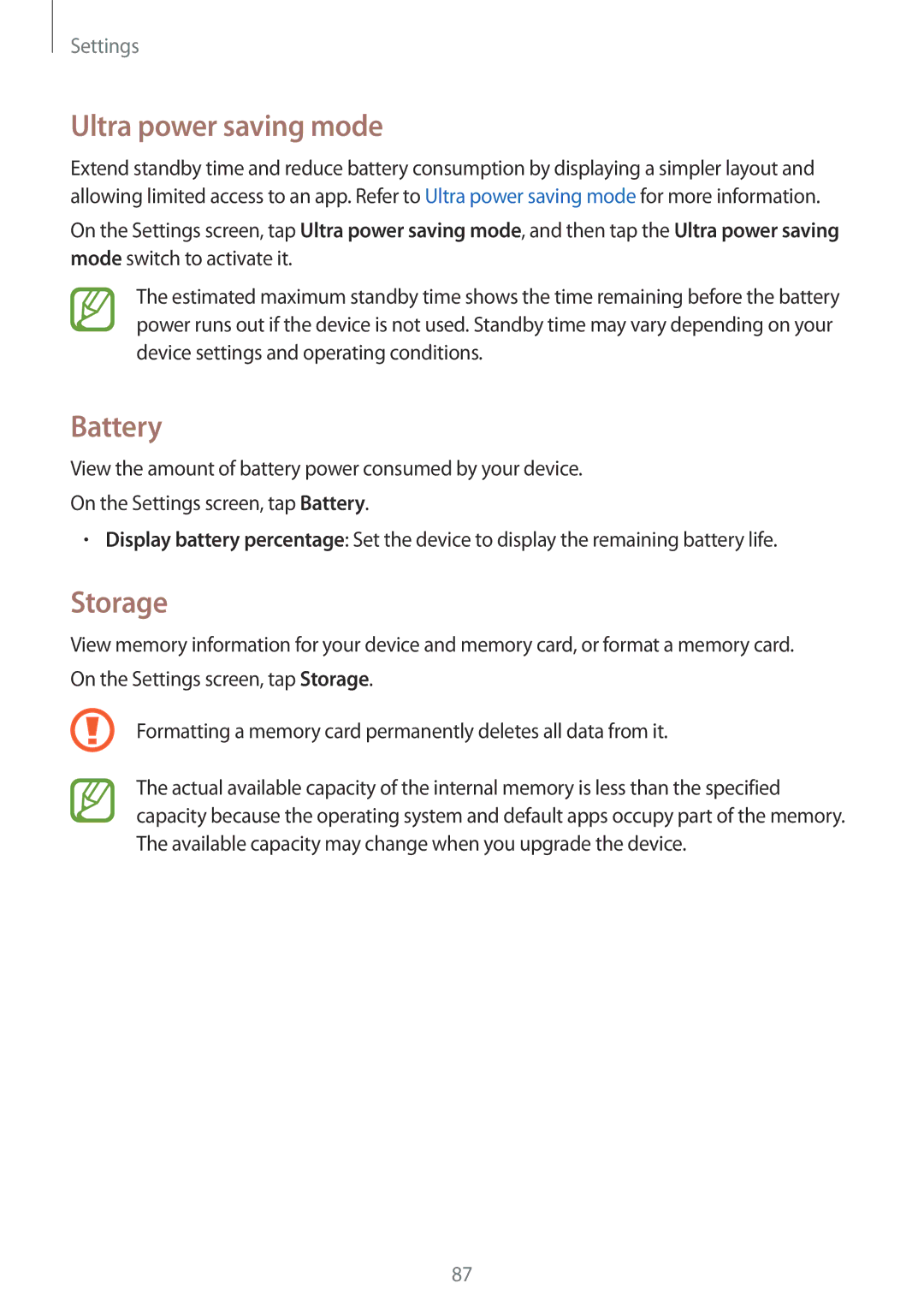 Samsung SM-G316HRWHKSA, SM-G316HHAHKSA manual Battery, Storage 