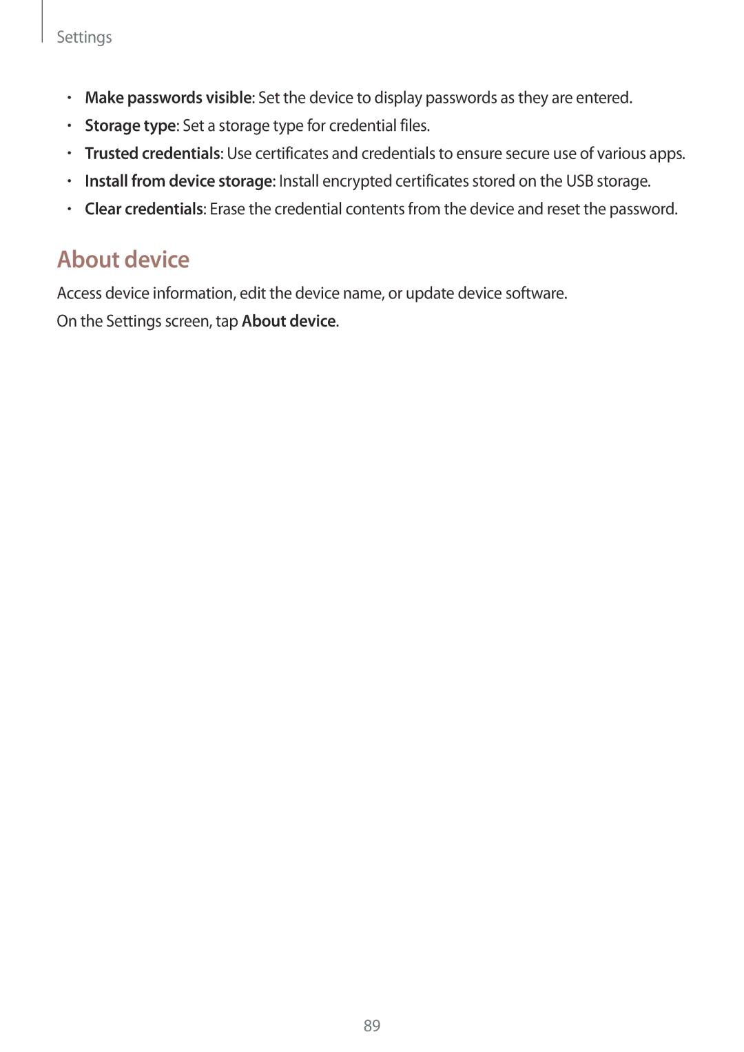 Samsung SM-G316HRWHKSA, SM-G316HHAHKSA manual About device, Storage type Set a storage type for credential files 