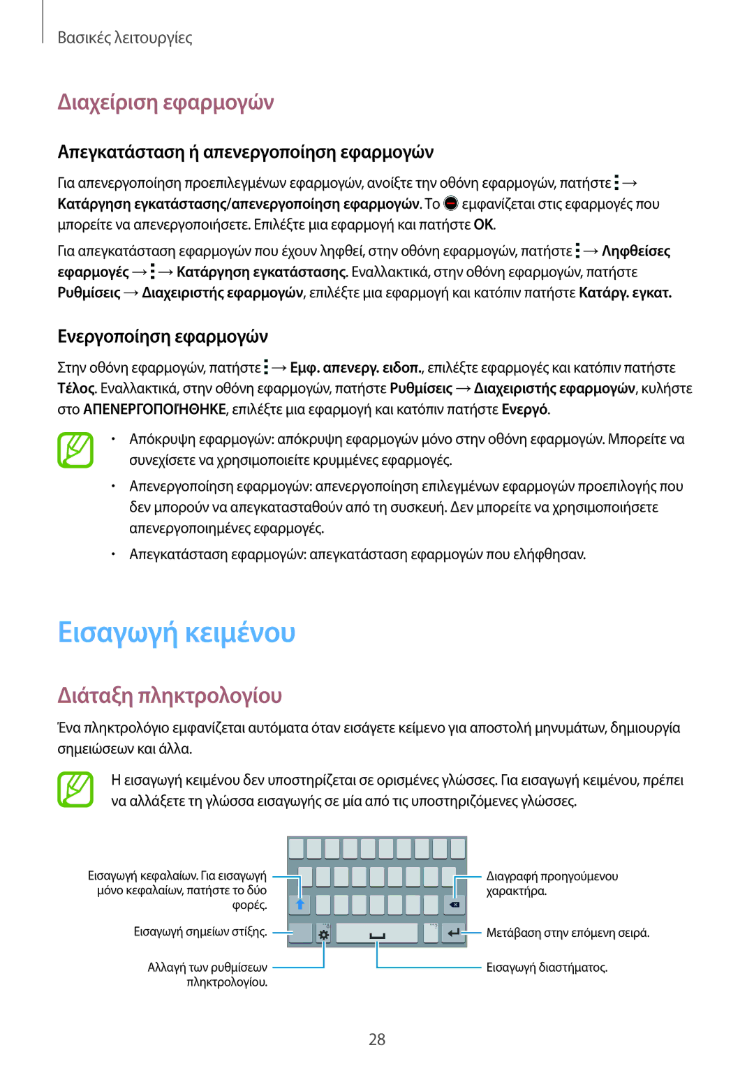 Samsung SM-G318HRWAEUR manual Εισαγωγή κειμένου, Διαχείριση εφαρμογών, Διάταξη πληκτρολογίου, Ενεργοποίηση εφαρμογών 