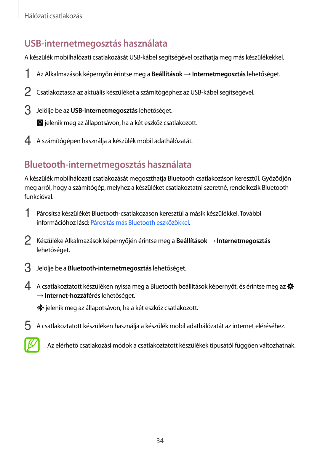 Samsung SM-G318HRWATMH, SM-G318HRWAIDE manual USB-internetmegosztás használata, Bluetooth-internetmegosztás használata 