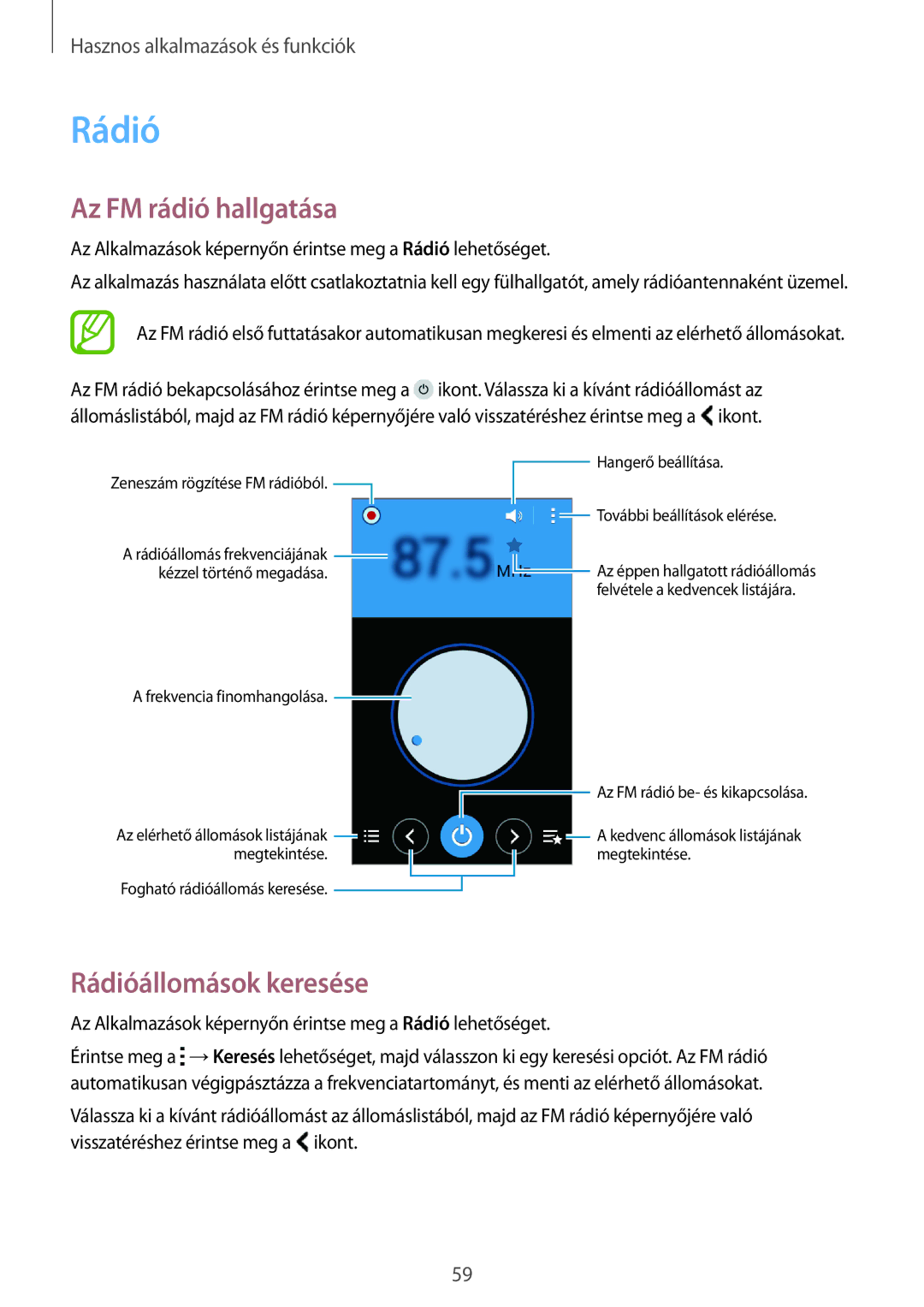 Samsung SM2G318HZKATMH, SM-G318HRWAIDE, SM-G318HZKADPL, SM-G318HRWAXEO Az FM rádió hallgatása, Rádióállomások keresése 