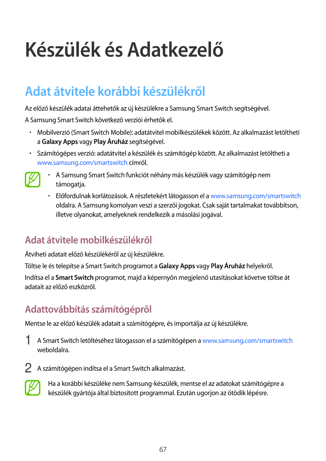 Samsung SM2G318HZKAORX manual Készülék és Adatkezelő, Adat átvitele korábbi készülékről, Adat átvitele mobilkészülékről 