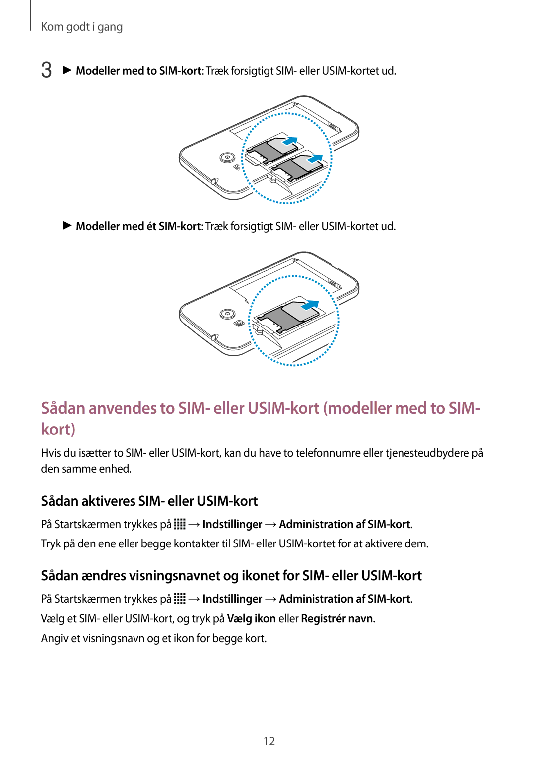 Samsung SM-G318HRWANEE, SM-G318HZKANEE manual Sådan aktiveres SIM- eller USIM-kort 