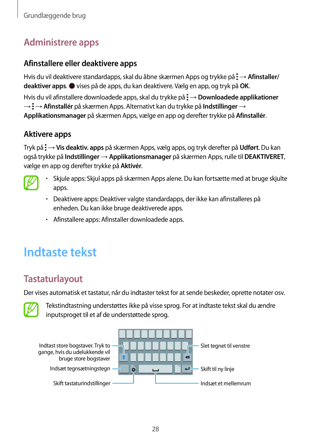 Samsung SM-G318HRWANEE manual Indtaste tekst, Administrere apps, Tastaturlayout, Afinstallere eller deaktivere apps 